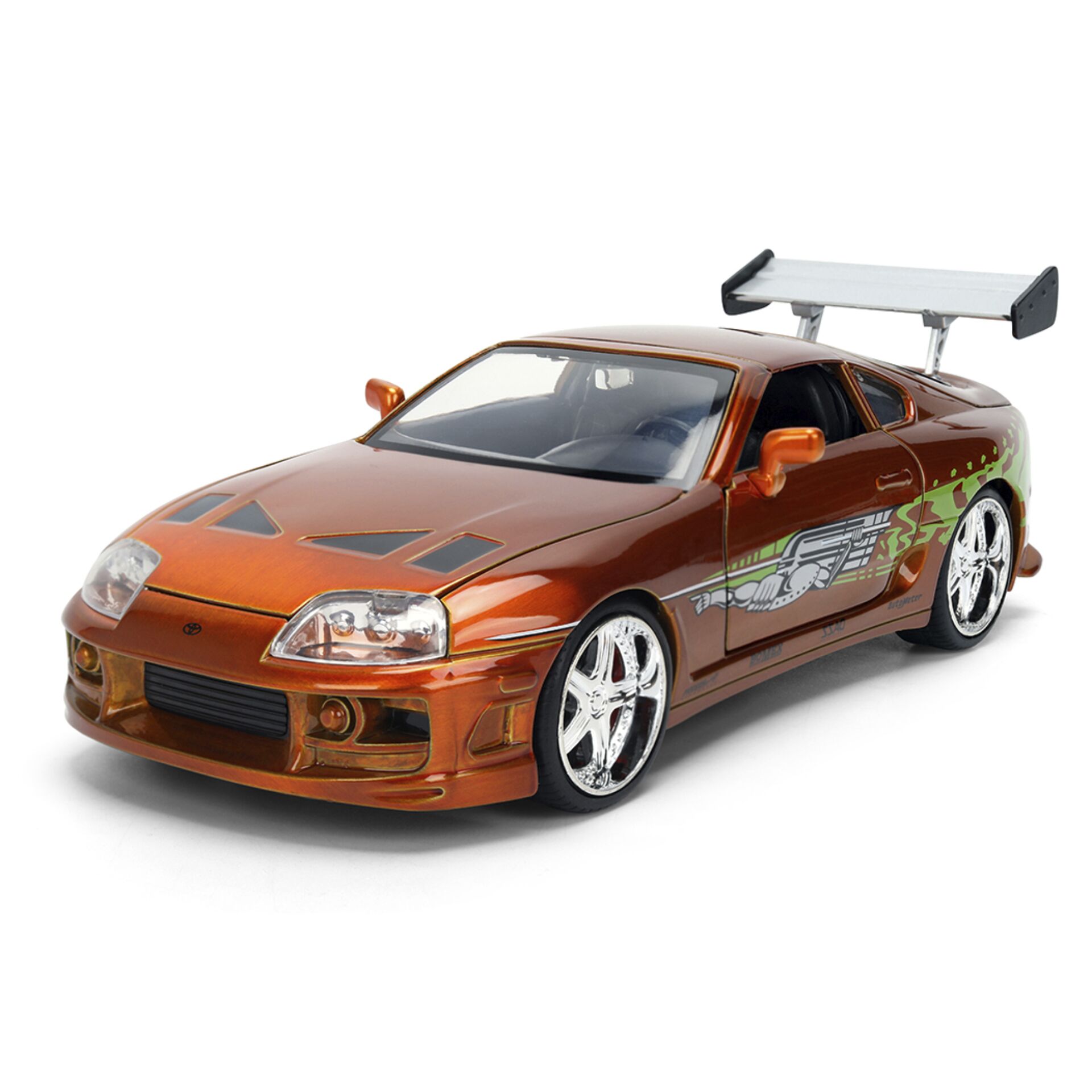 model auto, orangefarbener Wagen, Hauben-Aufkleber, Heckspoiler, Felgen