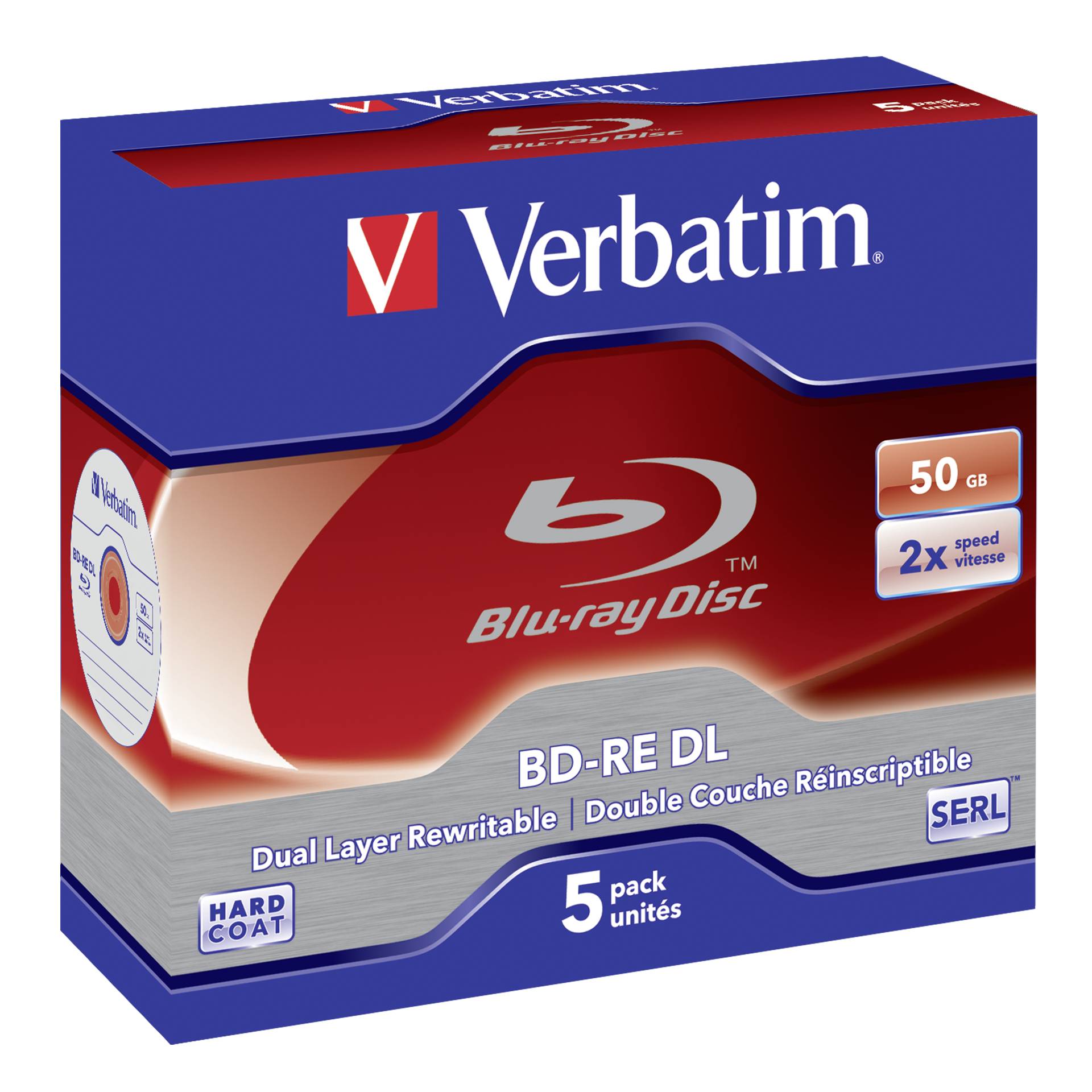 1x5 Verbatim BD-RE Blu-Ray 50GB  2x Speed, White Blue Surface JC