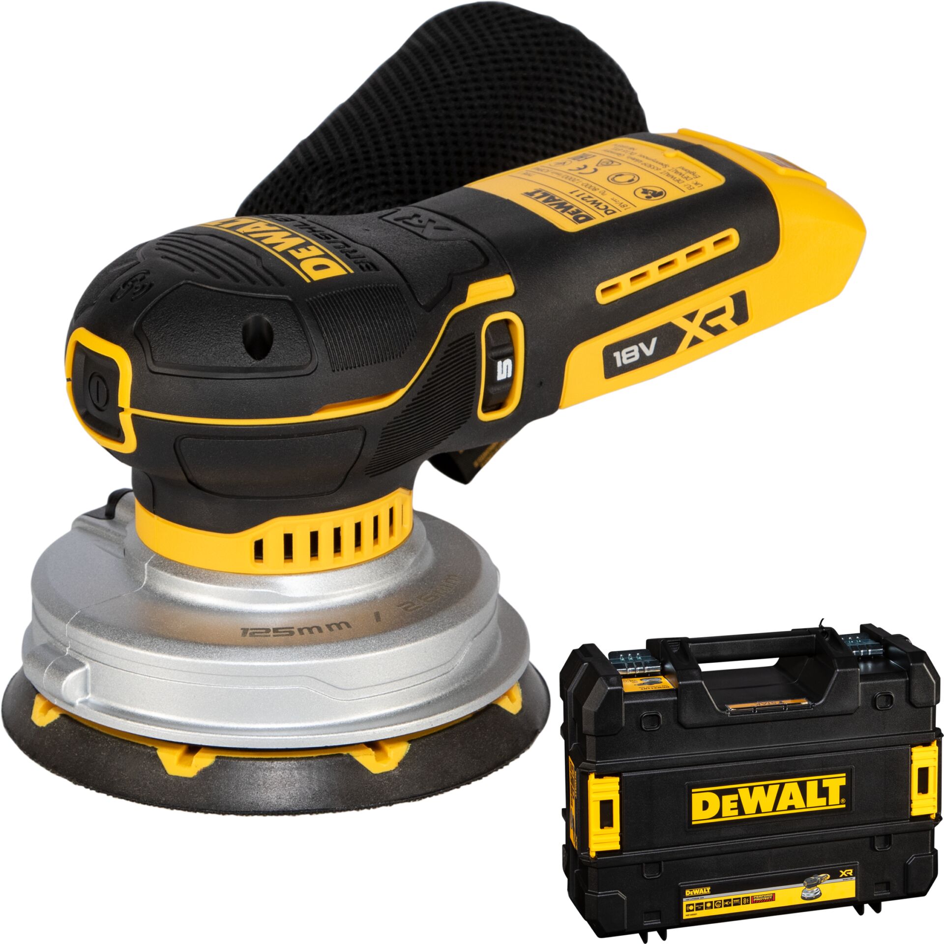Akku-Exzenterschleifer, 18-Volt, 125-mm-Schleifteller, Schwarz-Gelb, Transportkoffer