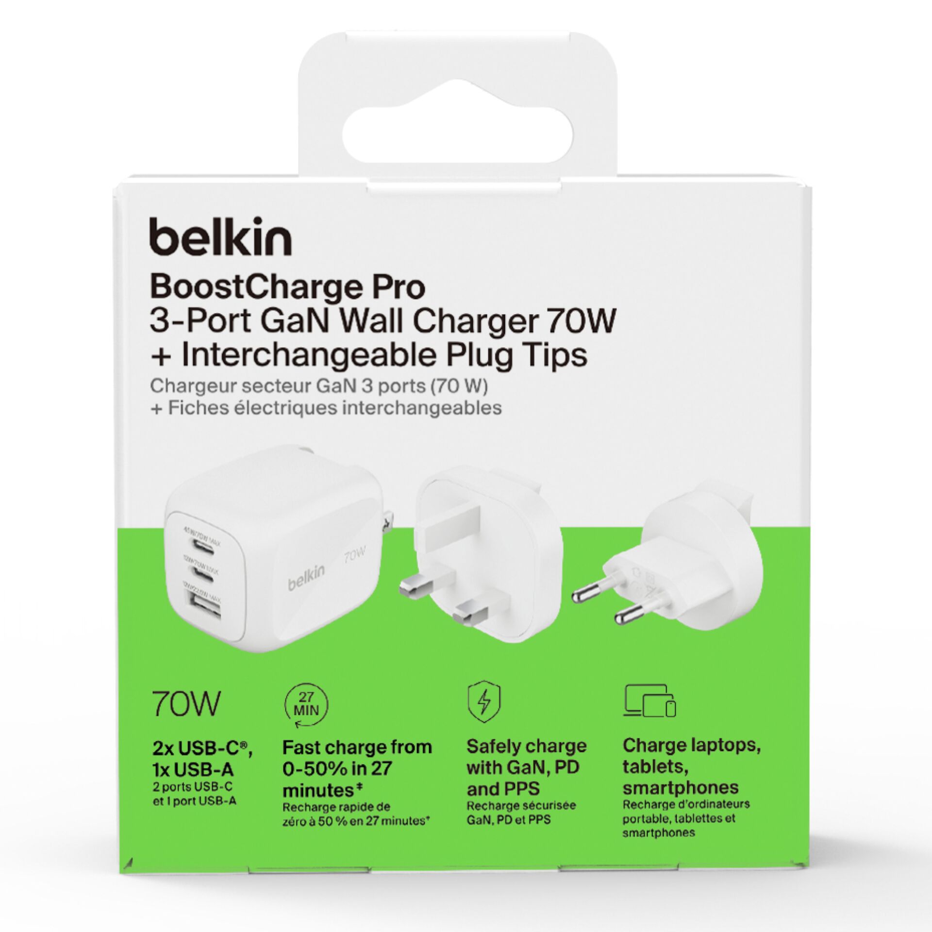 3-Port, GaN Wandladegerät, 70W, austauschbare Stecker, USB-C USB-A