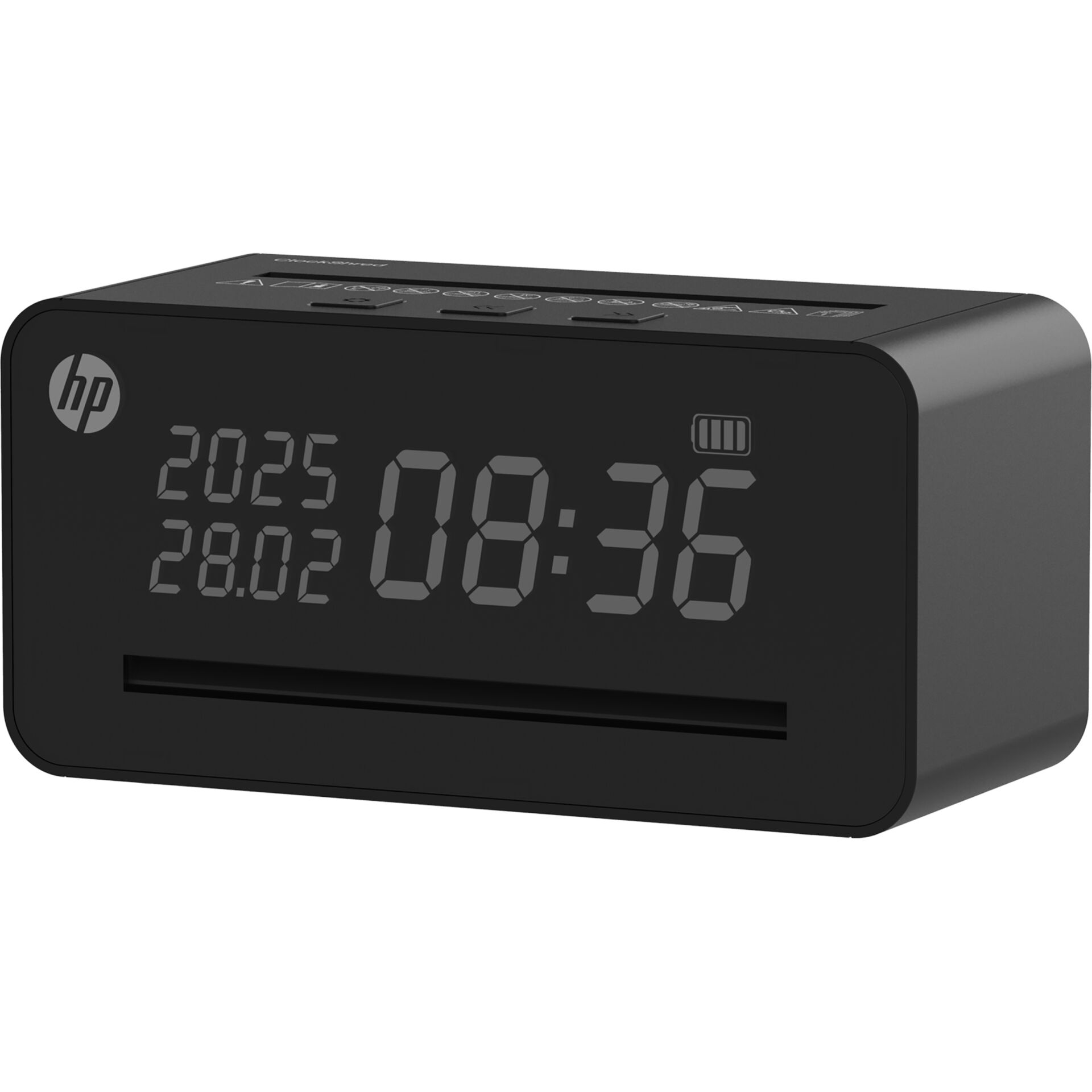 Digitalwecker, Schwarzes Gehäuse, LED-Anzeige, Datumsanzeige, HP-Logo