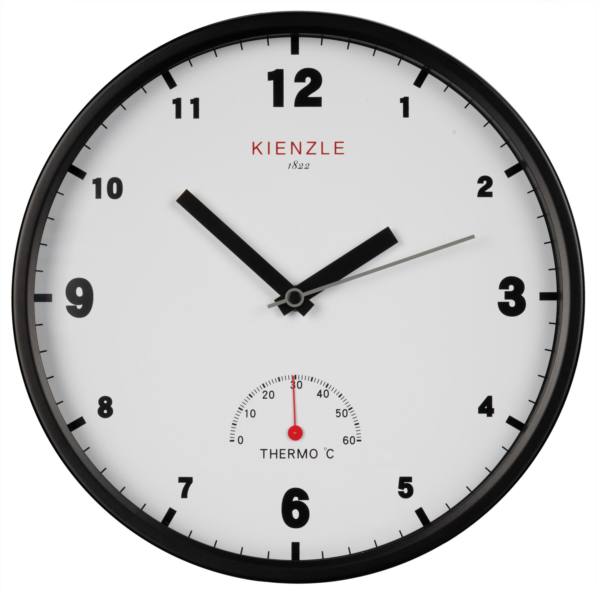 Wanduhr, analoge Uhr, Thermometer, schwarzer Rahmen, weiße Zifferblatt