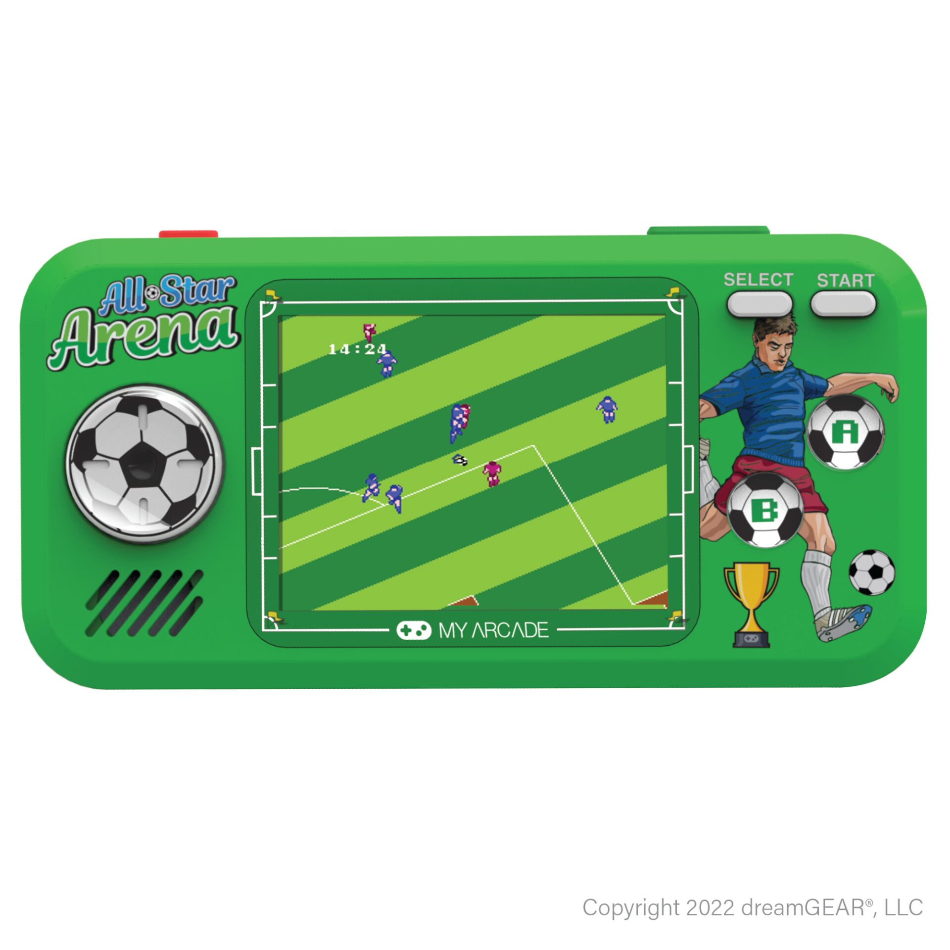 handheld game, portable console, soccer game, green device, football stadium