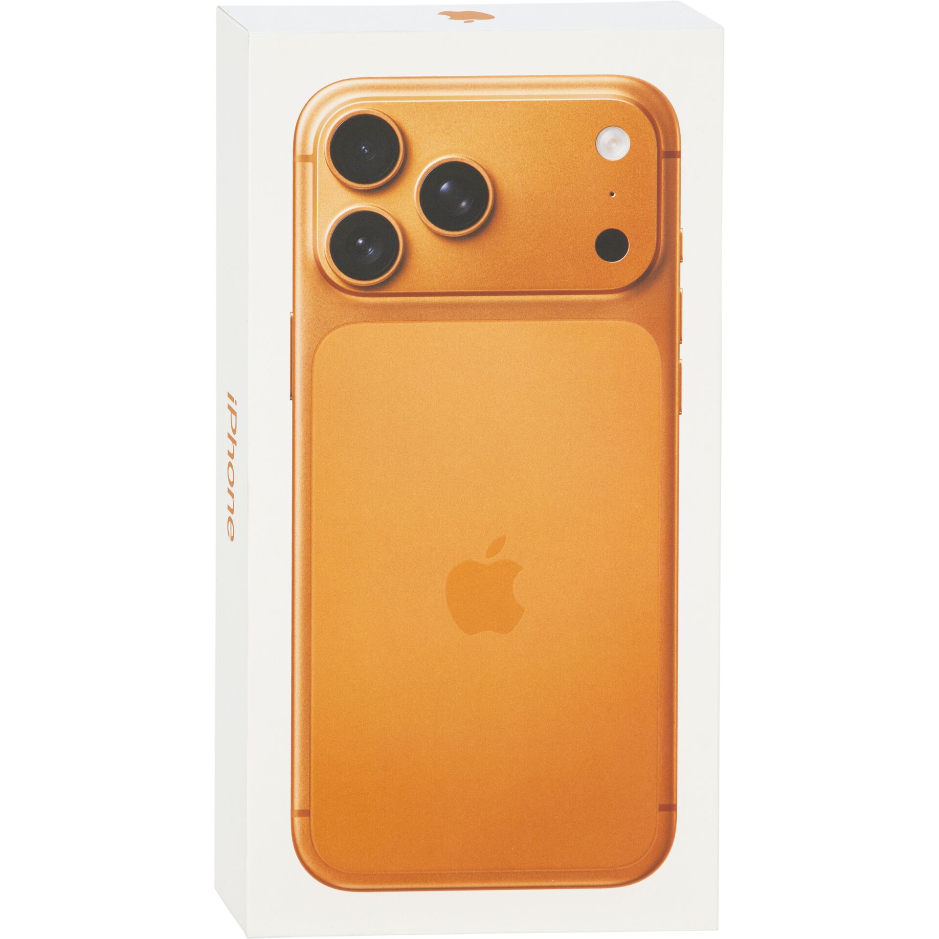 iPhone 13 Pro box, orange smartphone, three cameras, orange color, Apple logo on back