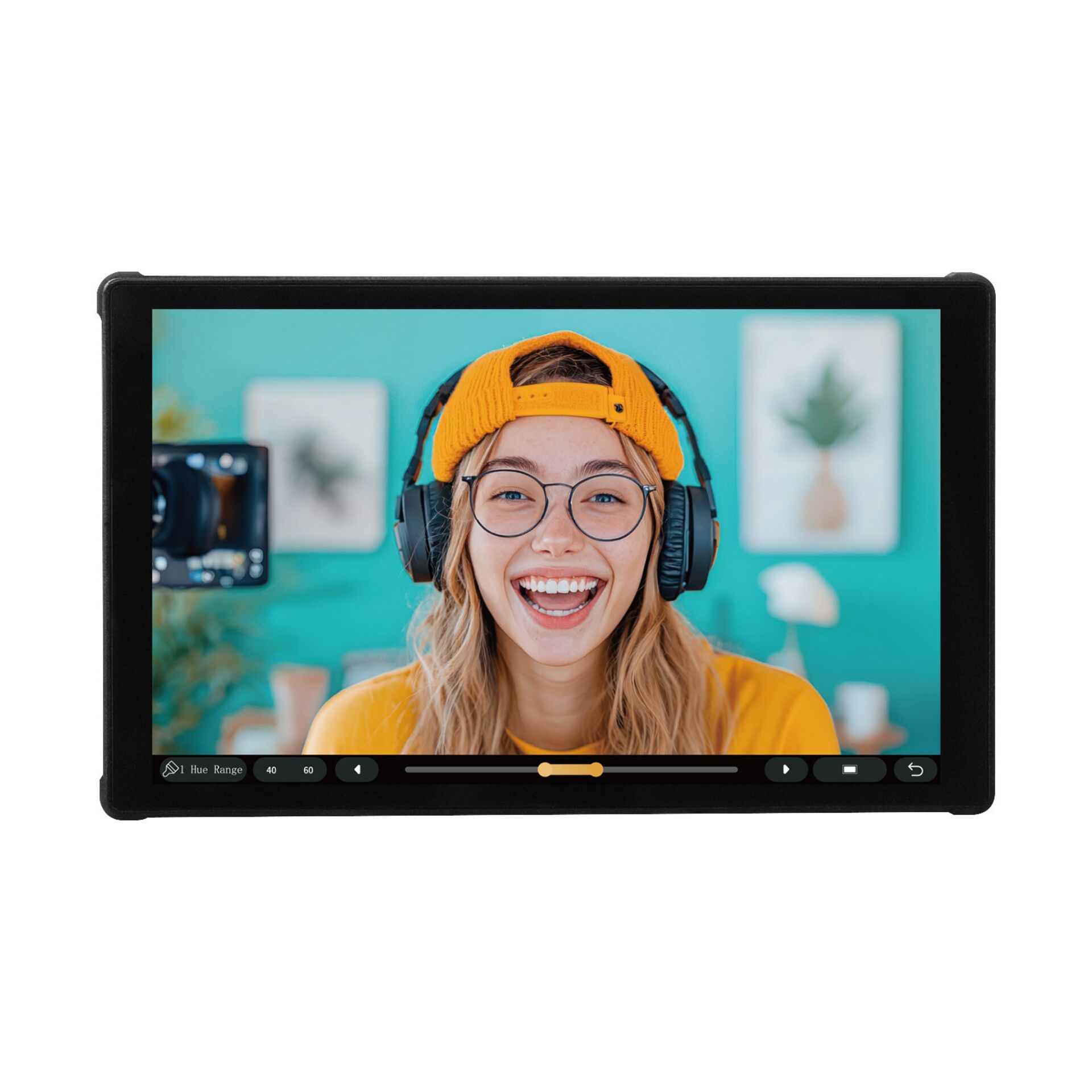 Kamera-Display, Person mit Kopfhörern, Schwarz, Gelb-orange, Streaming-Setup