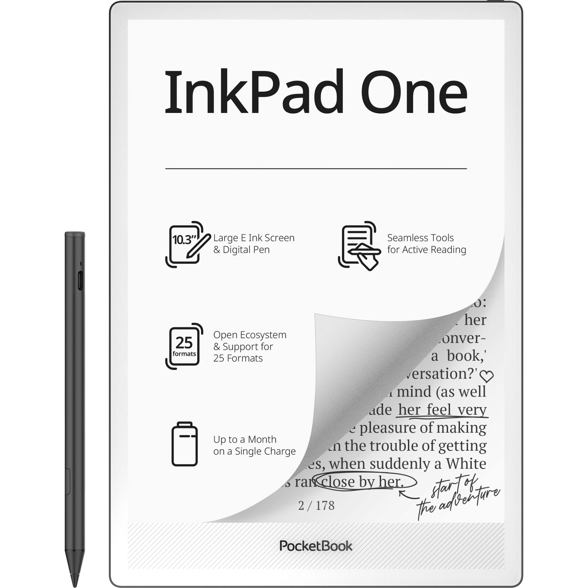 E-Reader, InkPad One, Digital Paper, E-Ink Screen, PocketBook, E-Reader, InkPage One, Digitalstift, großer Bildschirm, offene Formate