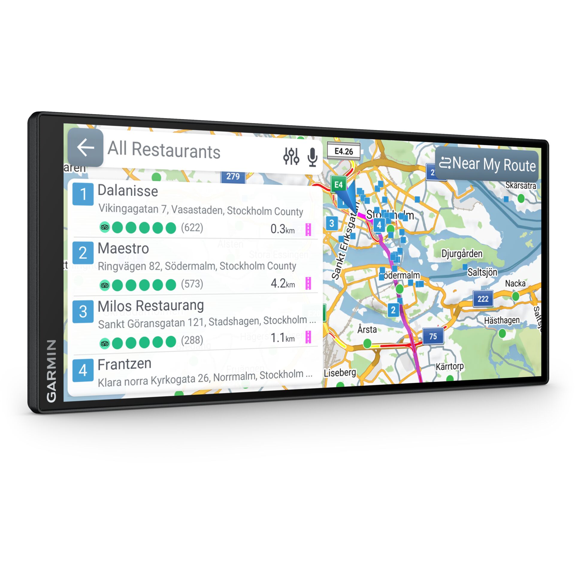 Navigationsgerät, Touchscreen, Kfz-Navigation, Restaurantfinder, schwarzes Gehäuse