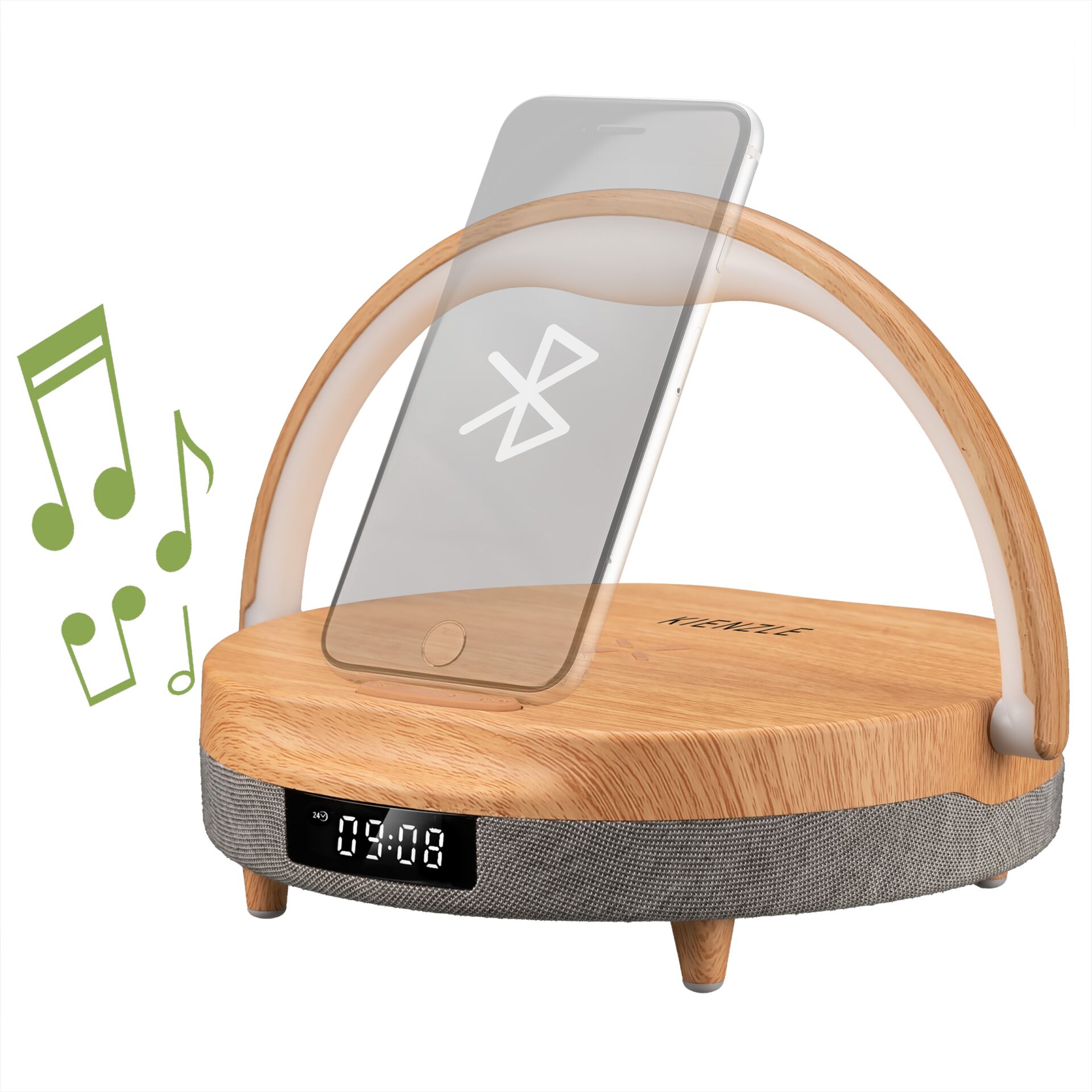 Doppelwecker, Bluetooth-Lautsprecher, Holz-Design, Smartphone-Turm, LED-Zeitdisplay
