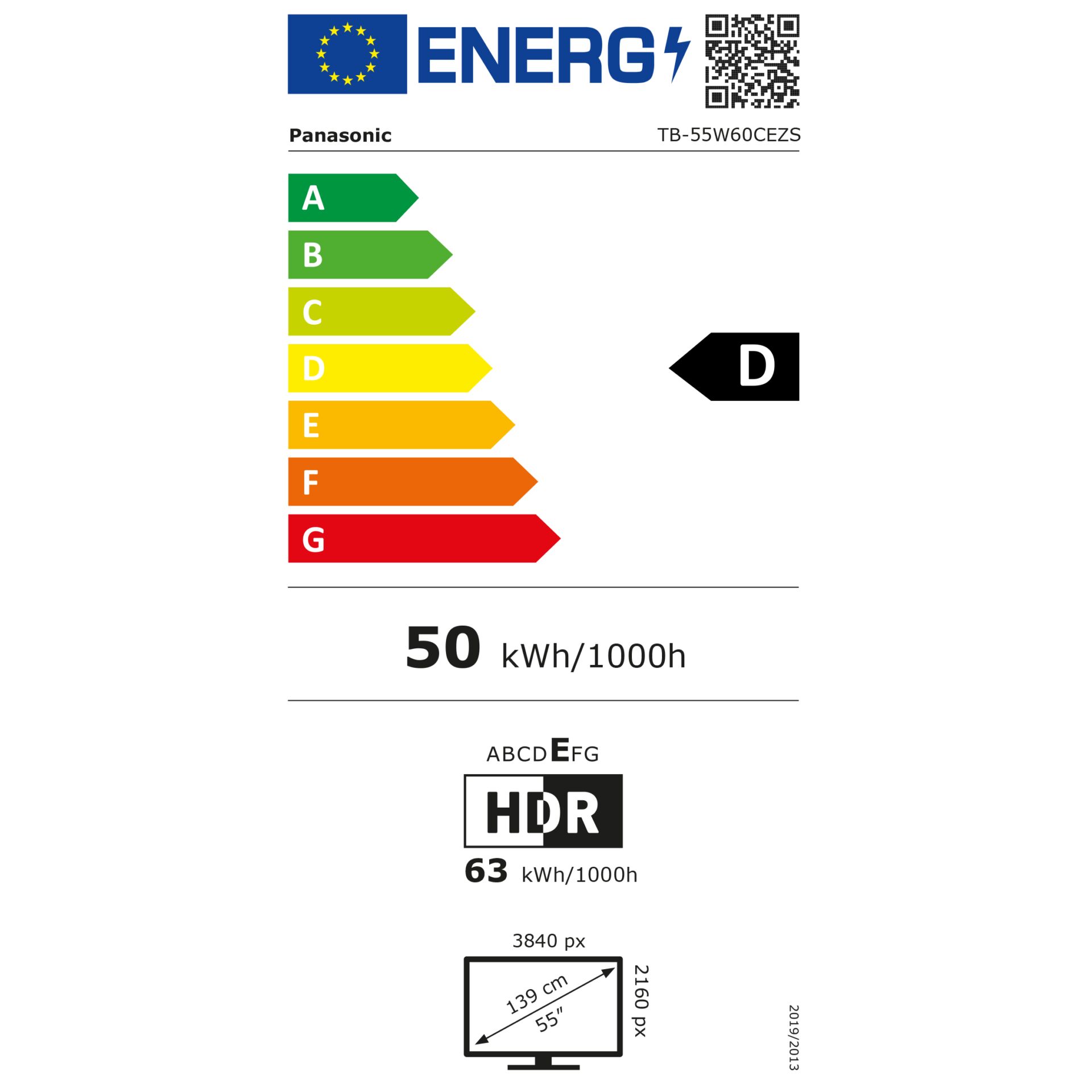 Energieslabel, kWh/1000h, HDR, 50 kWh/1000h, Bildschirmgröße 55 Zoll