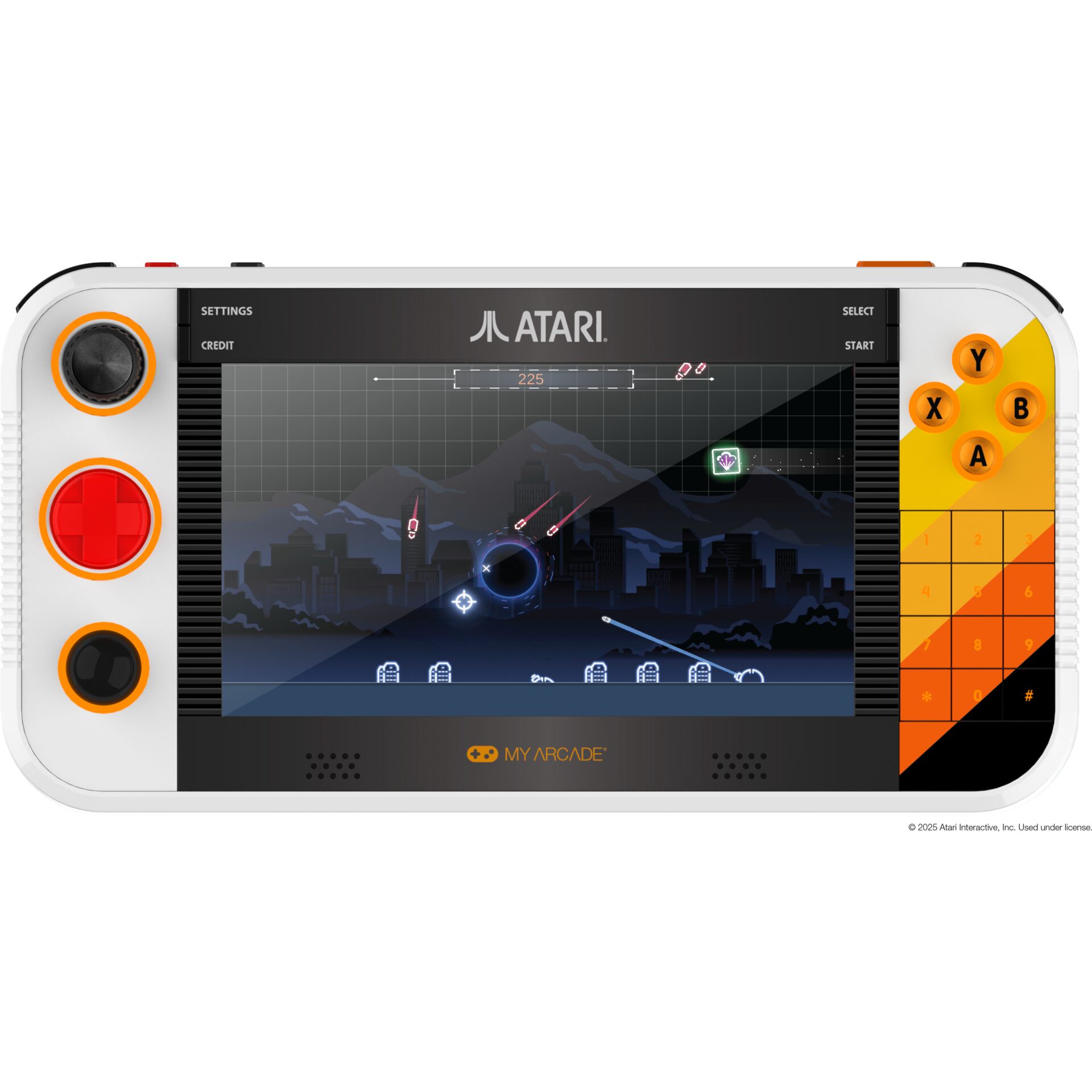 handheld Konsole, Retro-Gaming, Pixelkunst, orange Tasten, bunte Knöpfe