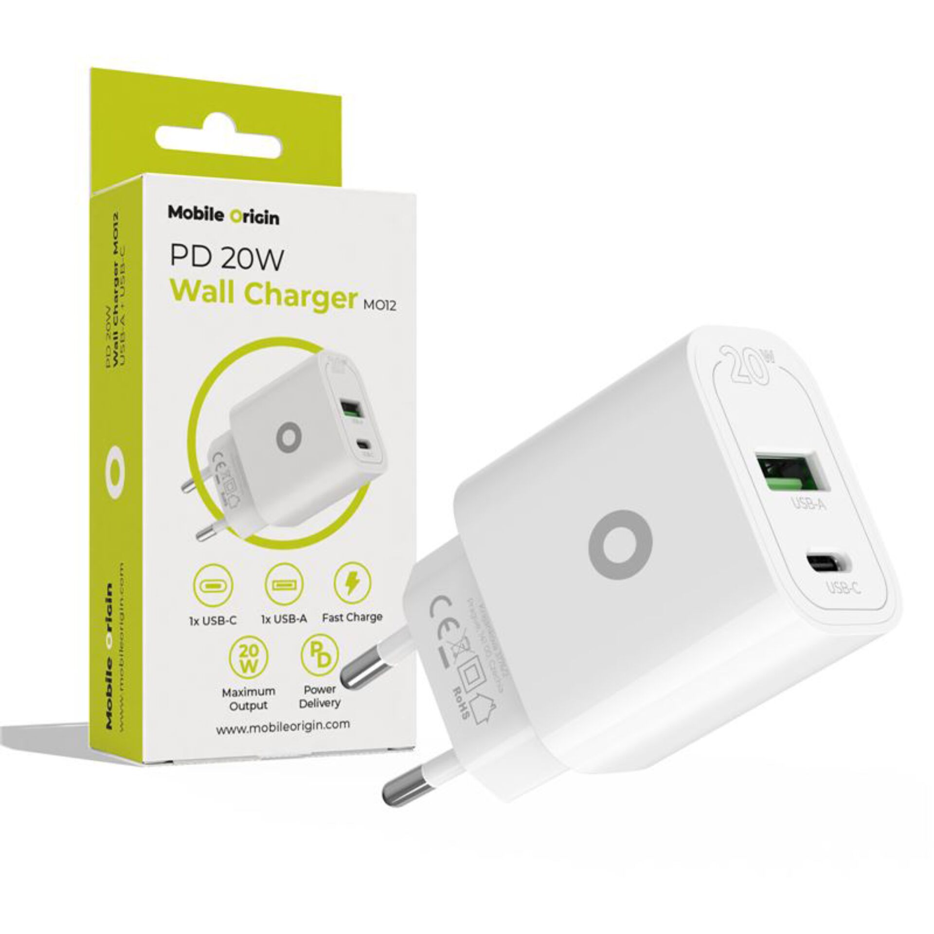 Wall charger, PD 20W, USB-C, USB-A, kompakter Adapter