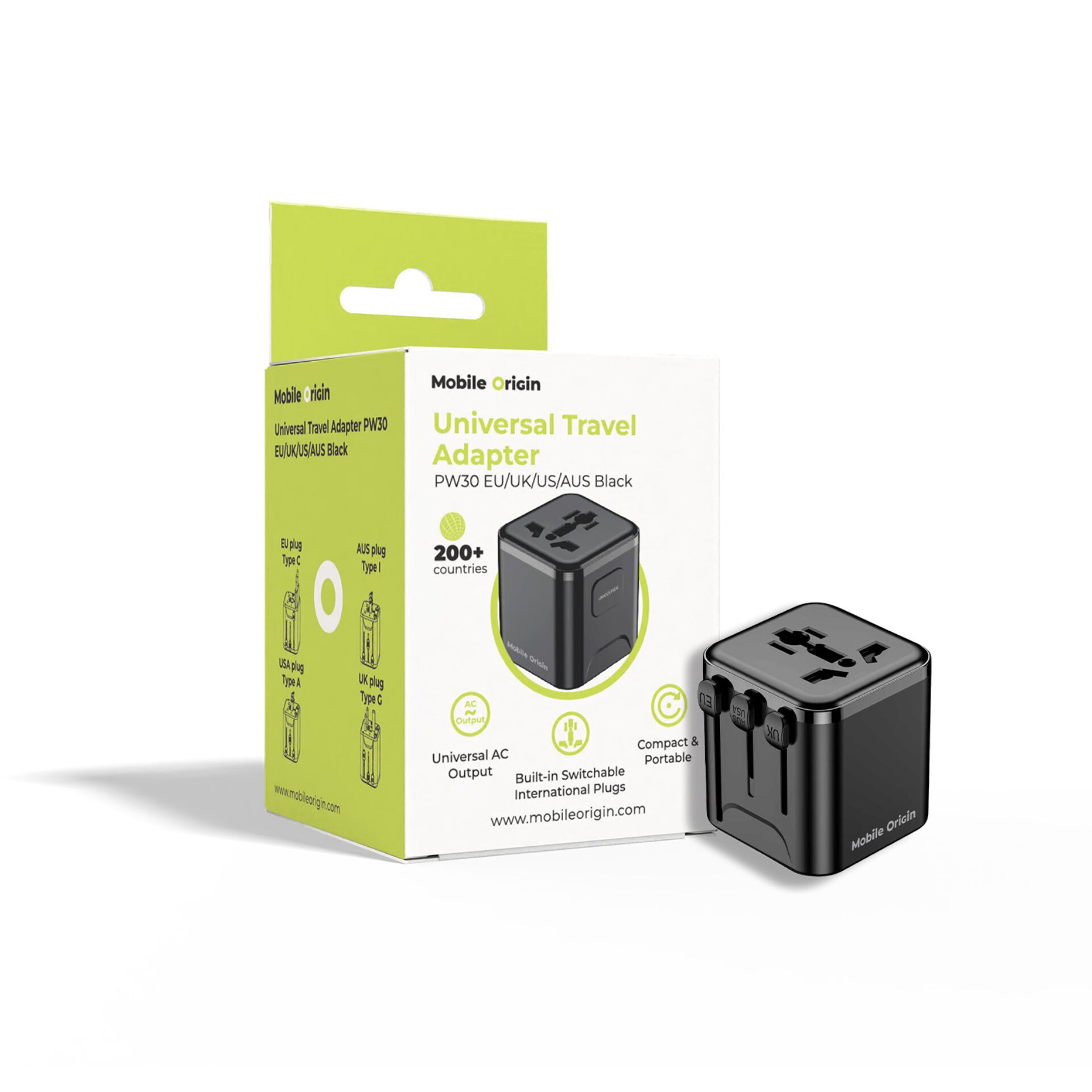 Universal Travel Adapter, AC Output, Kompakte Würfel, Schwarz, Internationaler Stecker