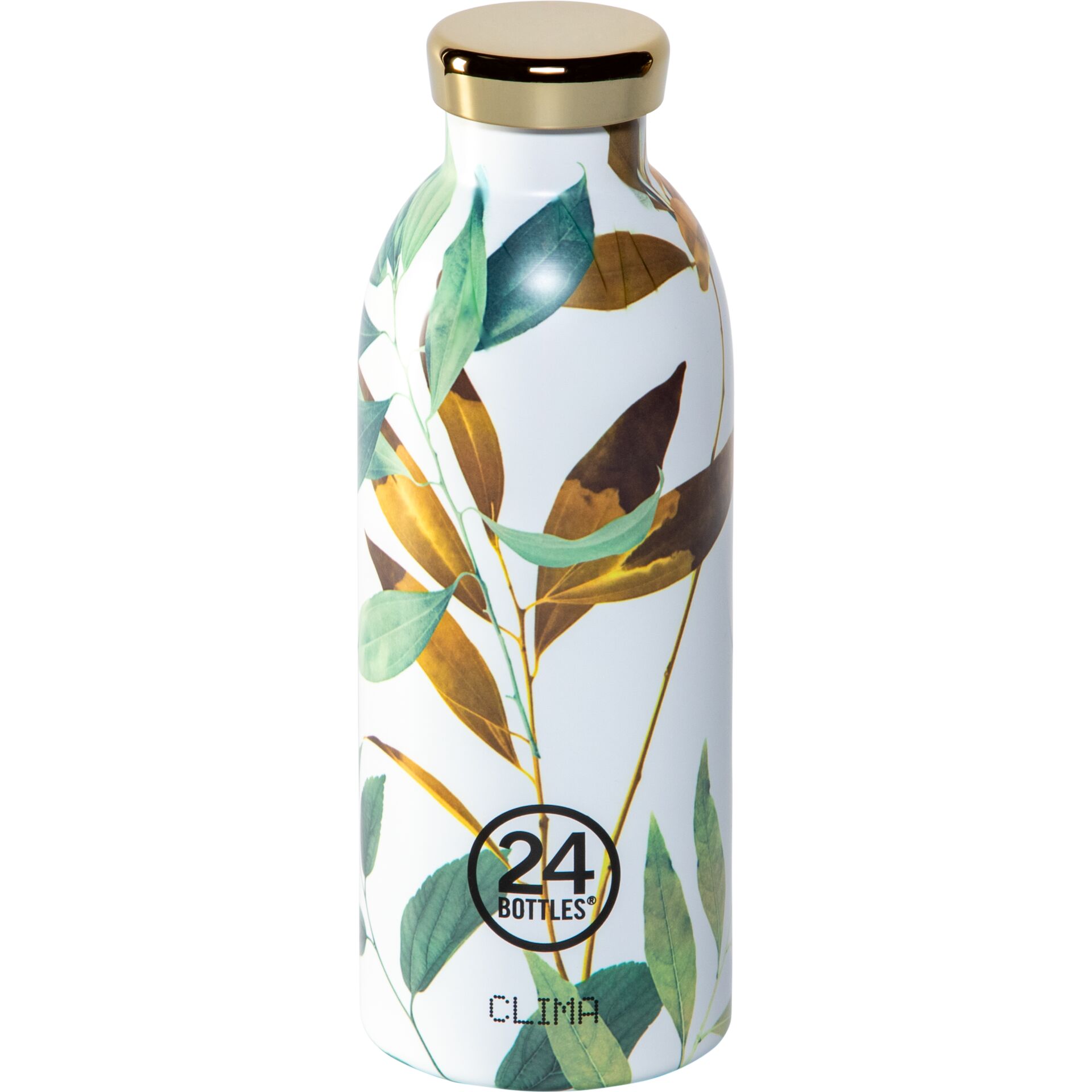 Flasche, Wasserflasche, Blattform, weiß, Golddeckel