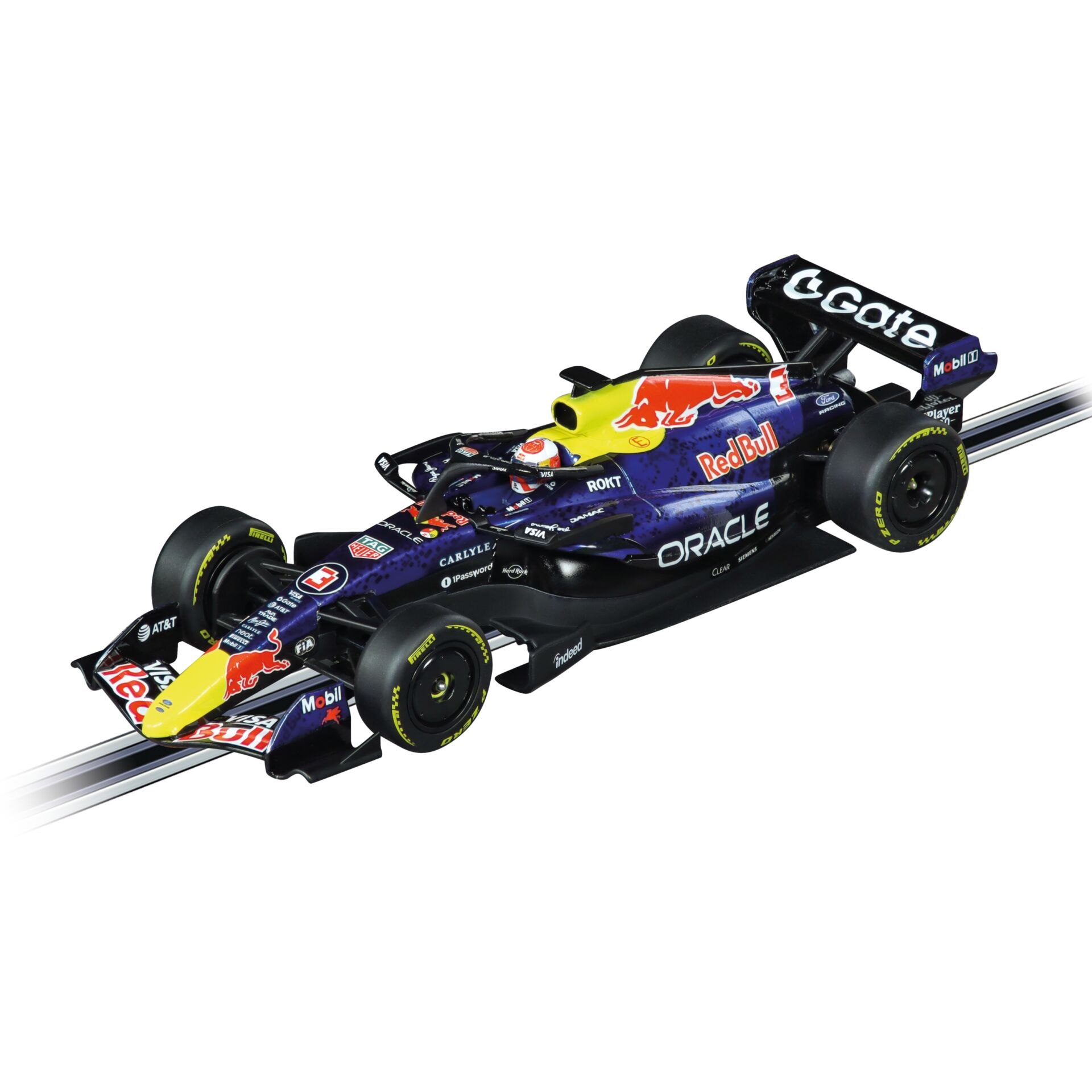Formel-1-Modellauto, Rennwagen, blau-lila, gelbe Akzente, Red-Bull-Design