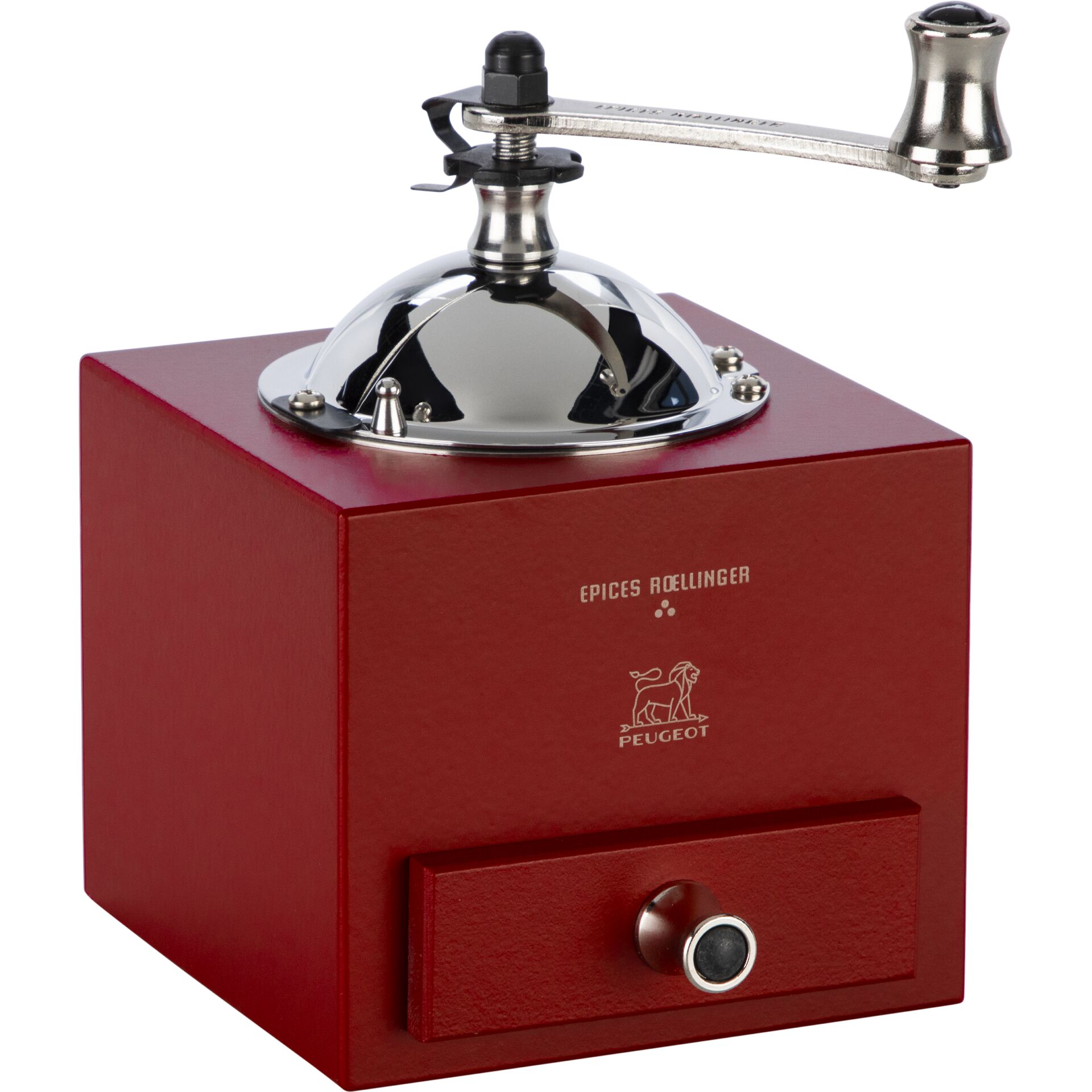 manuell betriebene mahlmühle, kaffeemühle, rote mühle, peugeot, kurbelhandrad