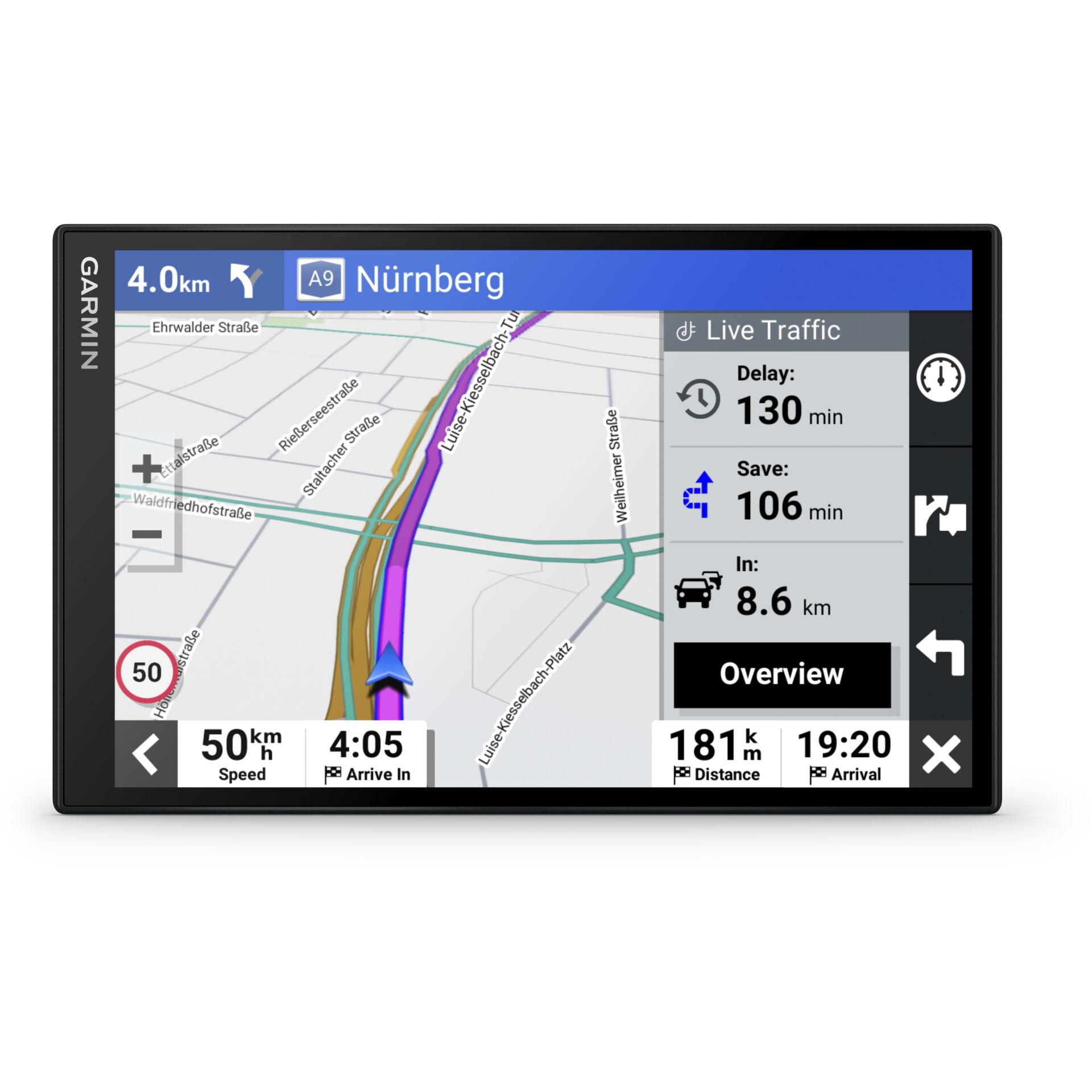 GPS navigation, In-car display, Map route, Traffic delay, Turn-by-turn