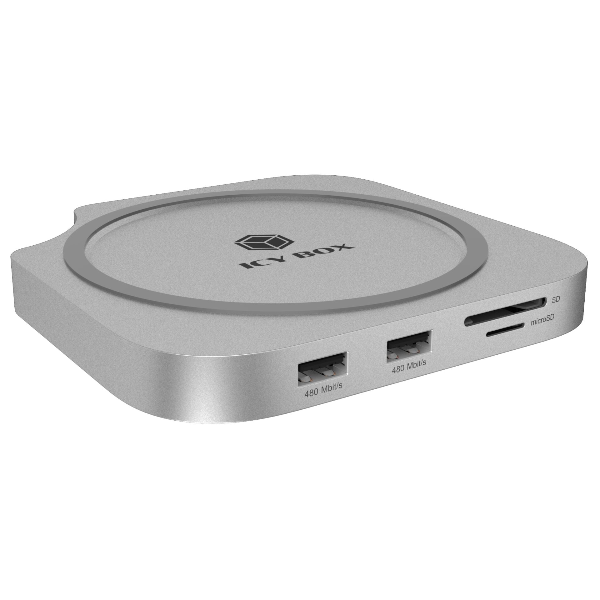 ICL Box, USB Ethernet Hub, SD card slot, 480 Mbit/s, silberner Gehäuse