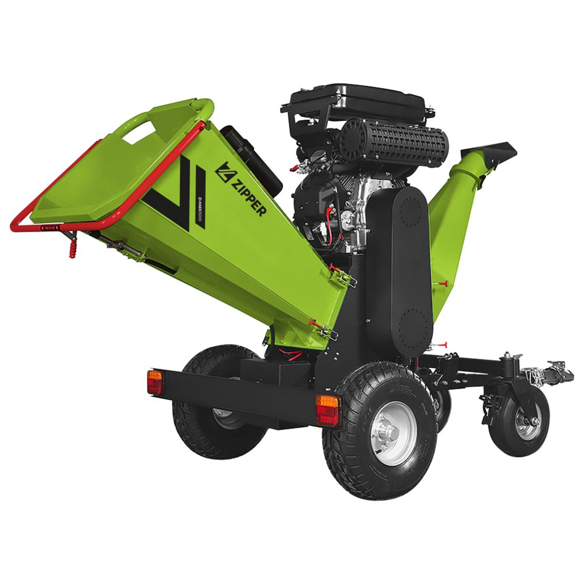 Grüner Rasenmäher, Chassis mit Motor, Reifenräder, Faltbarer Behälter, Zipper sichtbar