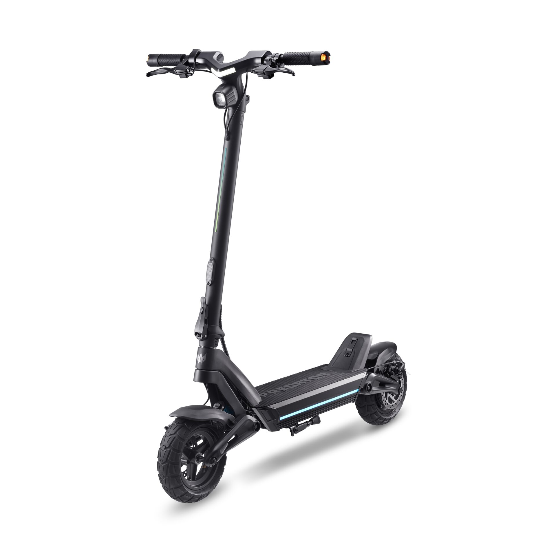 E-Scooter, Schwarz, großer Lenker, Laufrad, Trittbrett Licht