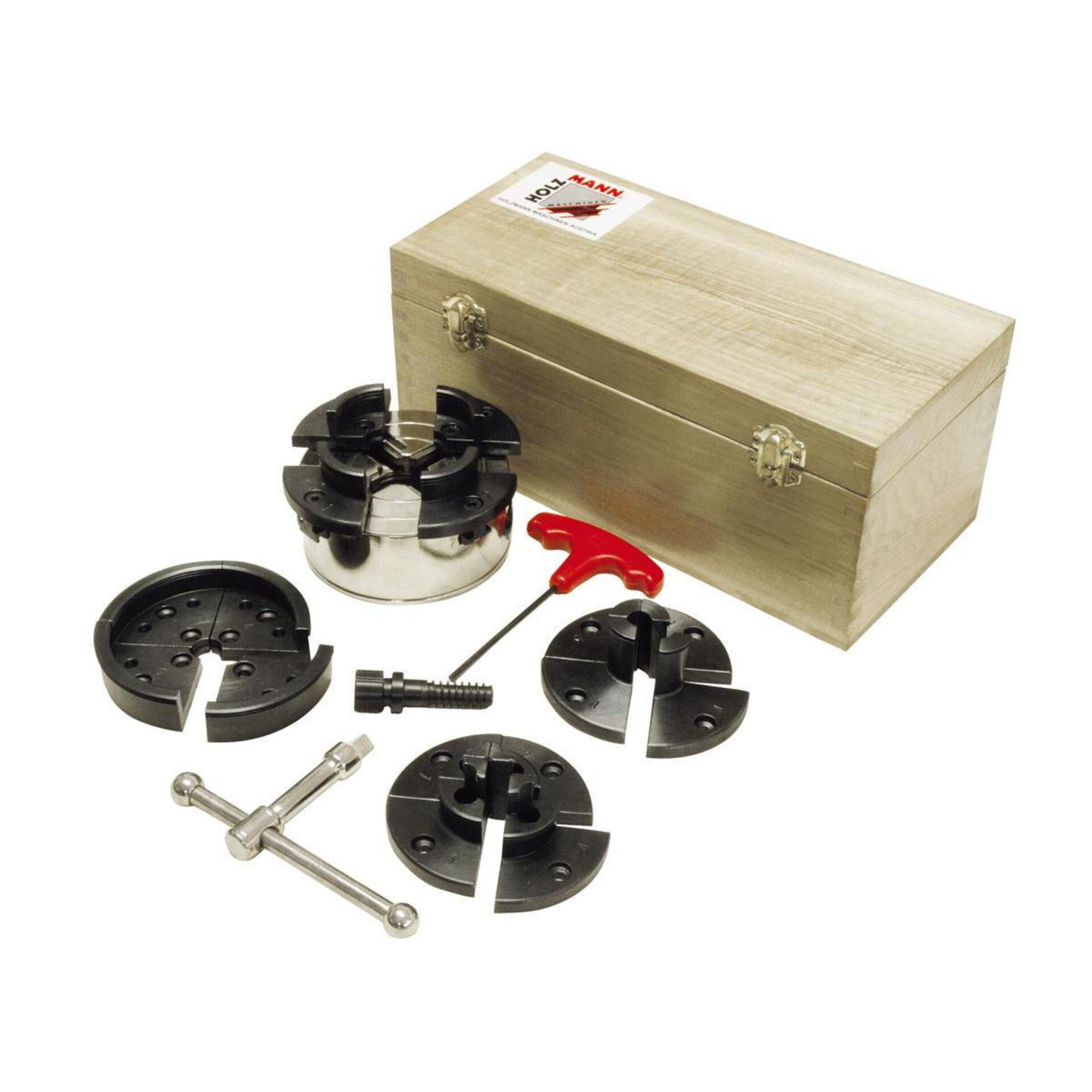 Drechselspannfutter, Spannbacken-Set, Holzkiste, Metallwerkzeug, Drehbankzubehör