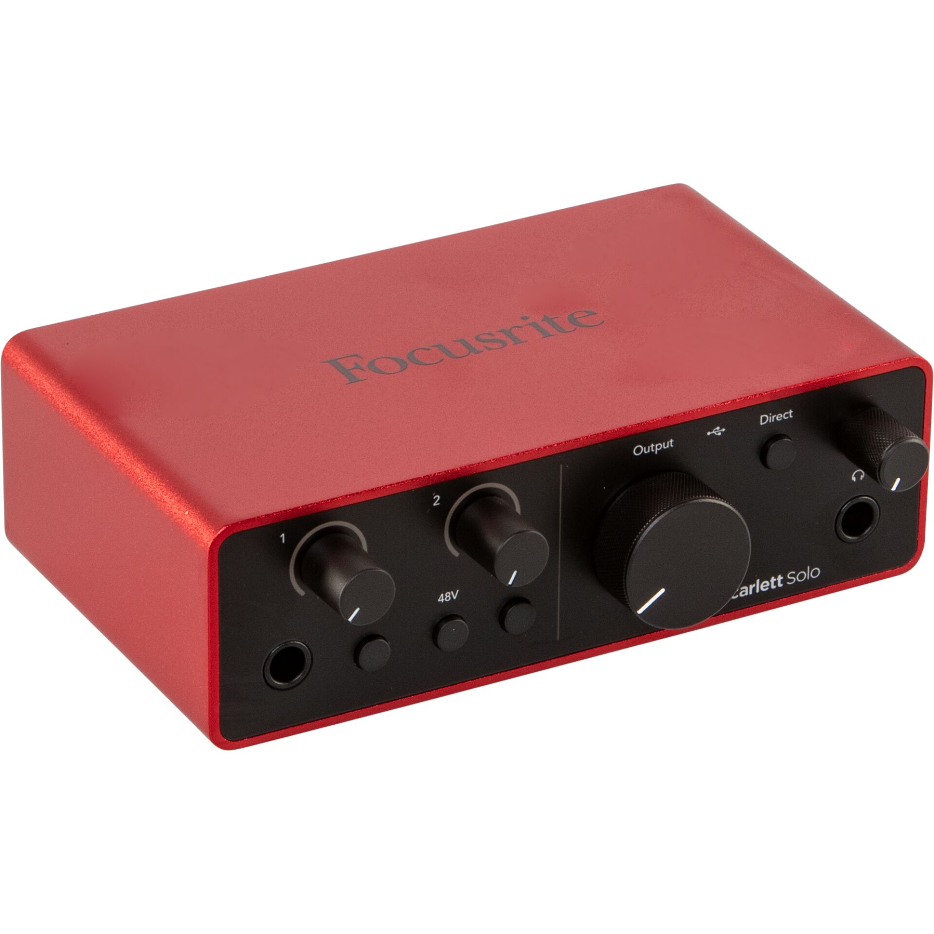 Audio-Schnittstelle, Focusrite Scarlett Solo, rote Metallgehäuse, Regler, 2 Eingänge