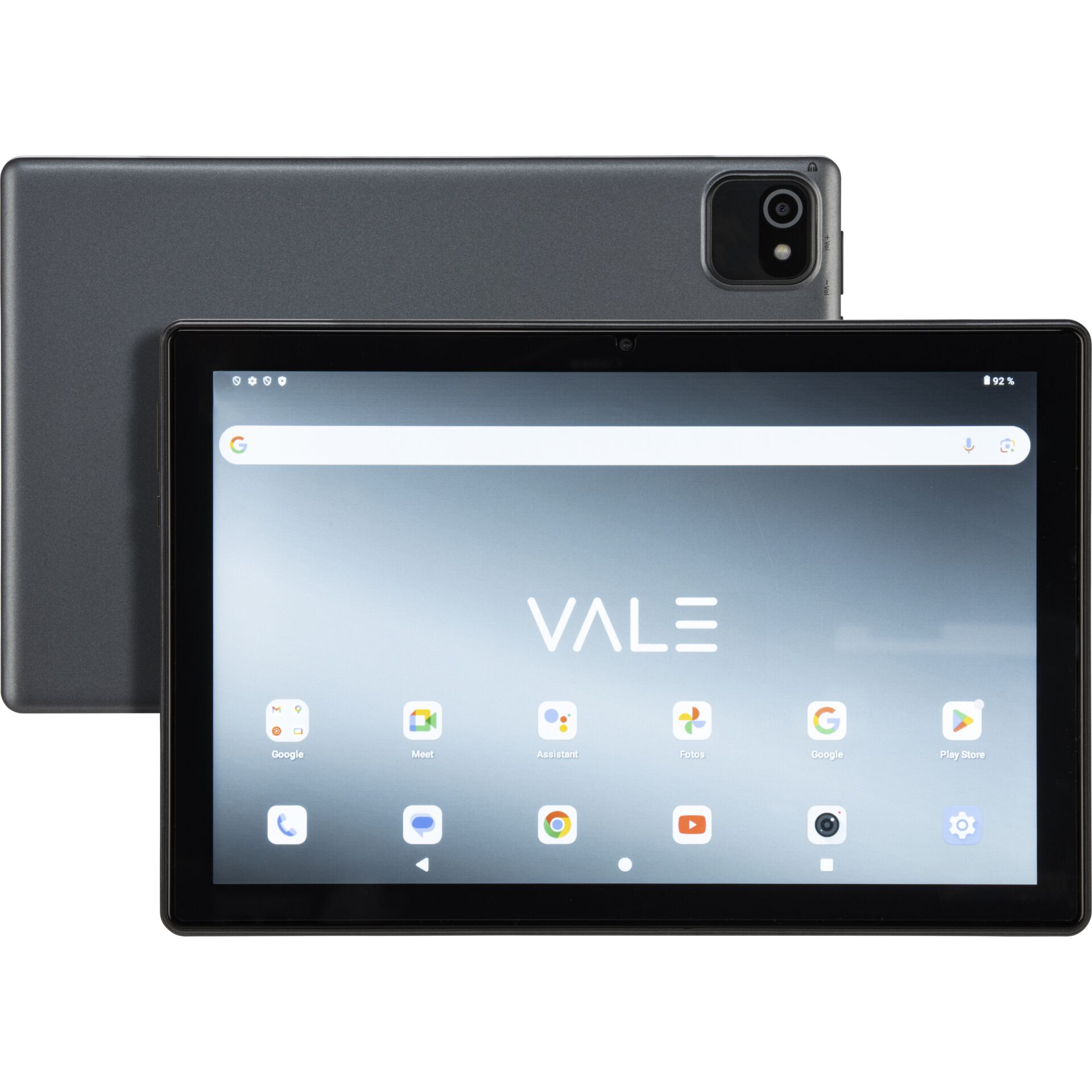 Tablet, Android-Tablet, Graues Gehäuse, Kamera oben rechts,  Metallischgrau