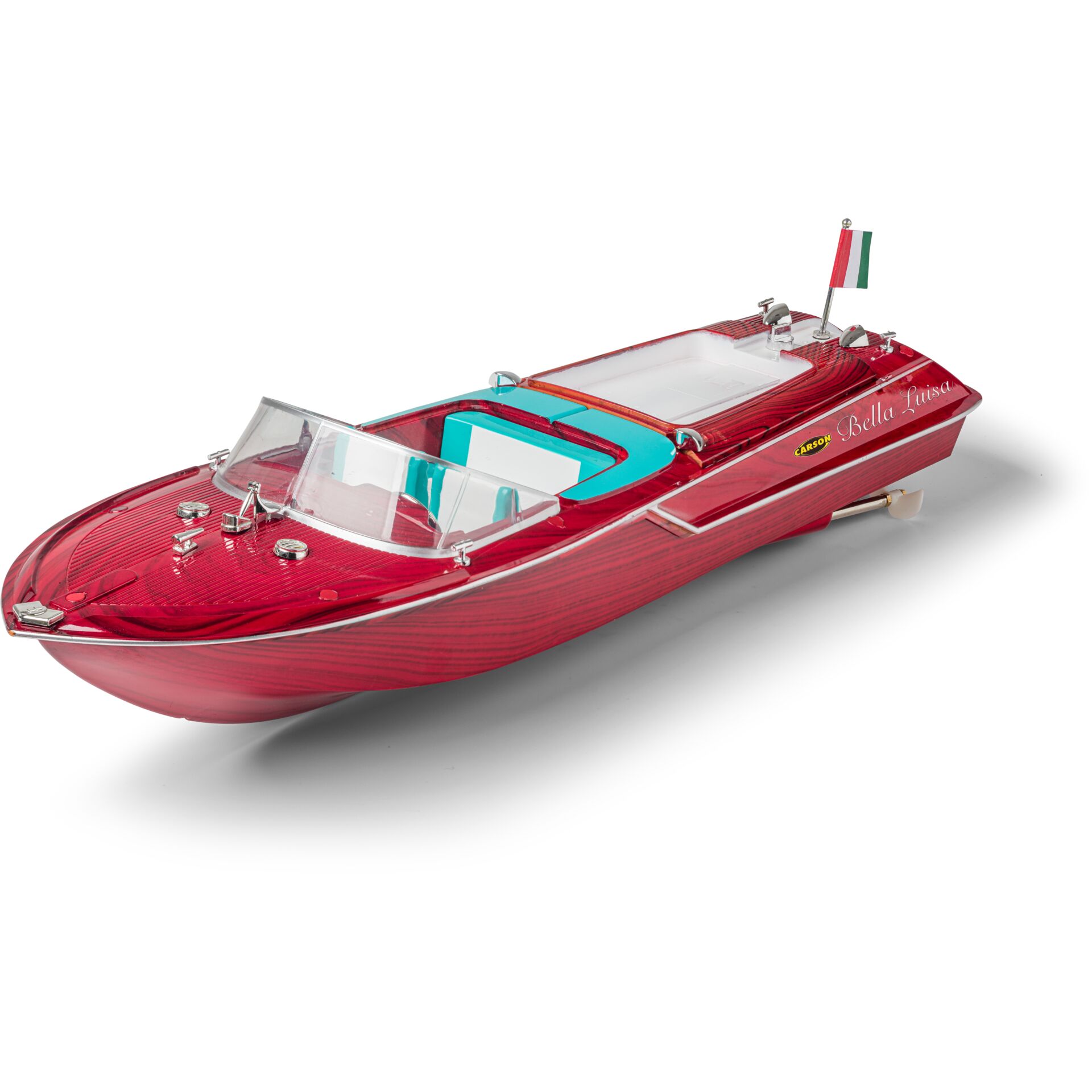 Modellboot, Holzoptik, Rotes Boot, Offener Cockpit, Italienische Flagge