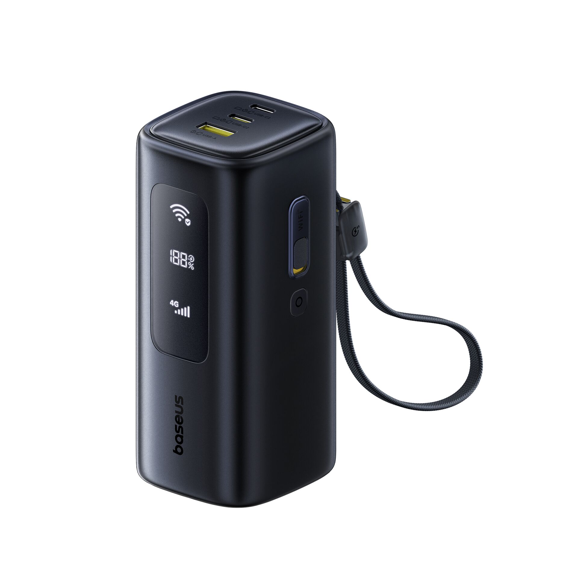 Powerbank, USB-C, USB-A, Digitalanzeige, Trageriemen