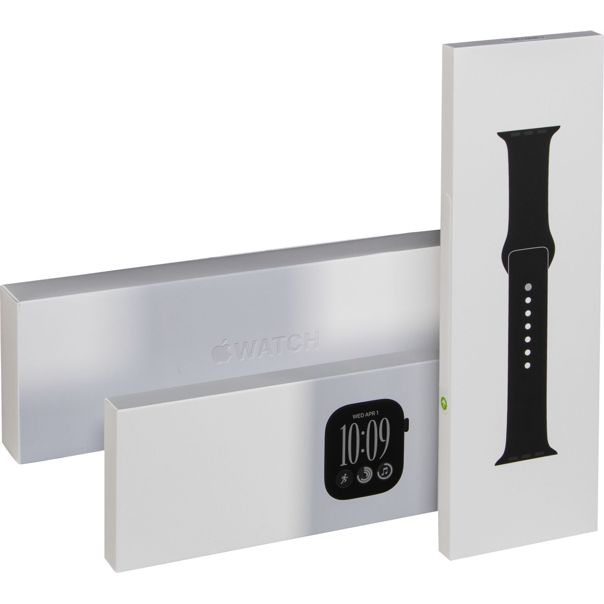 Apple Watch, Smartwatch, Schwarzes Band, Rechteckiges Display, Verpackung