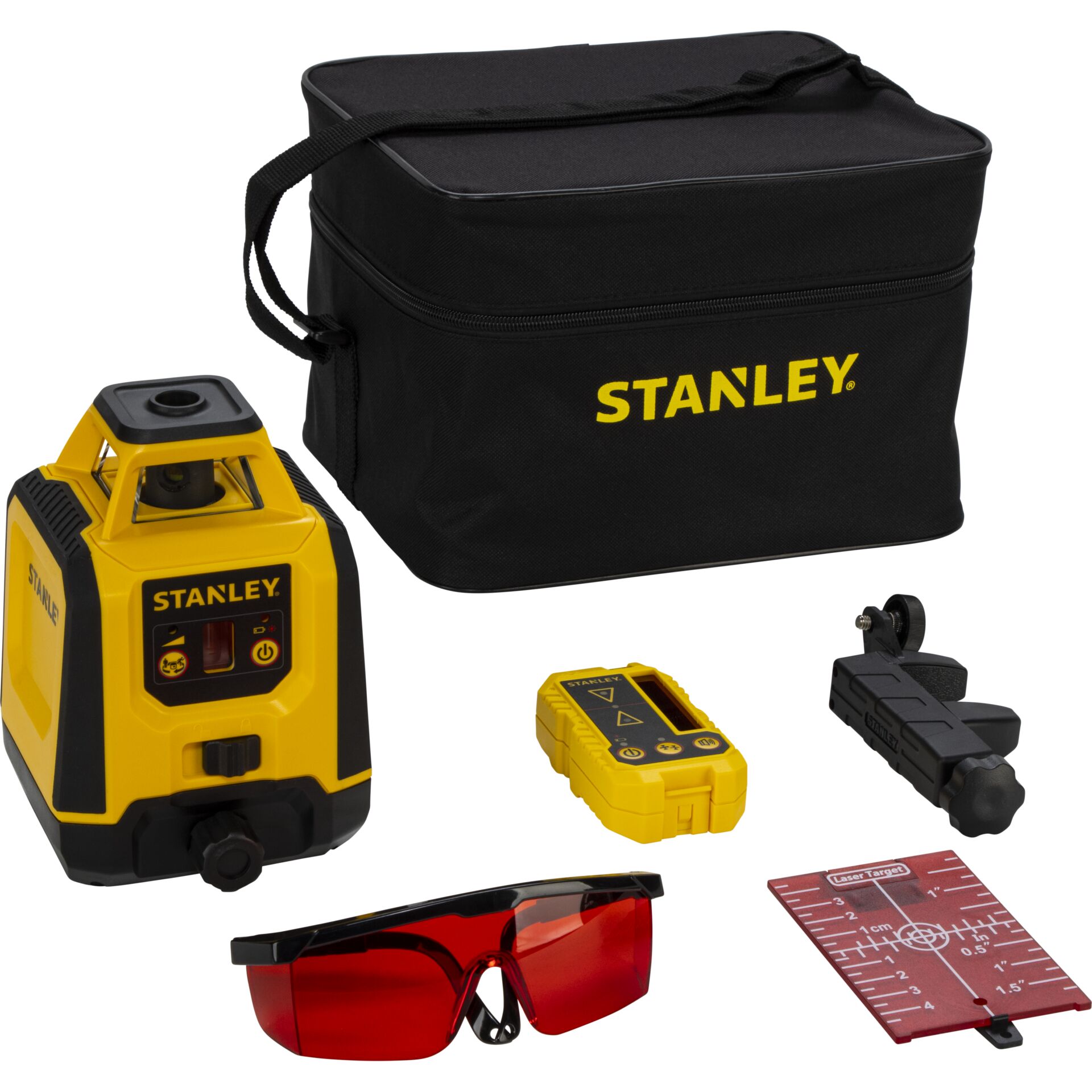 Laserlevel, Selbstnivellierend, Gelb, Werkzeugset, Schutzbrille, Laser-Positioniergerät, Nivelliergerät, Baustellenwerkzeug, gelbes Gerät, Tragetasche