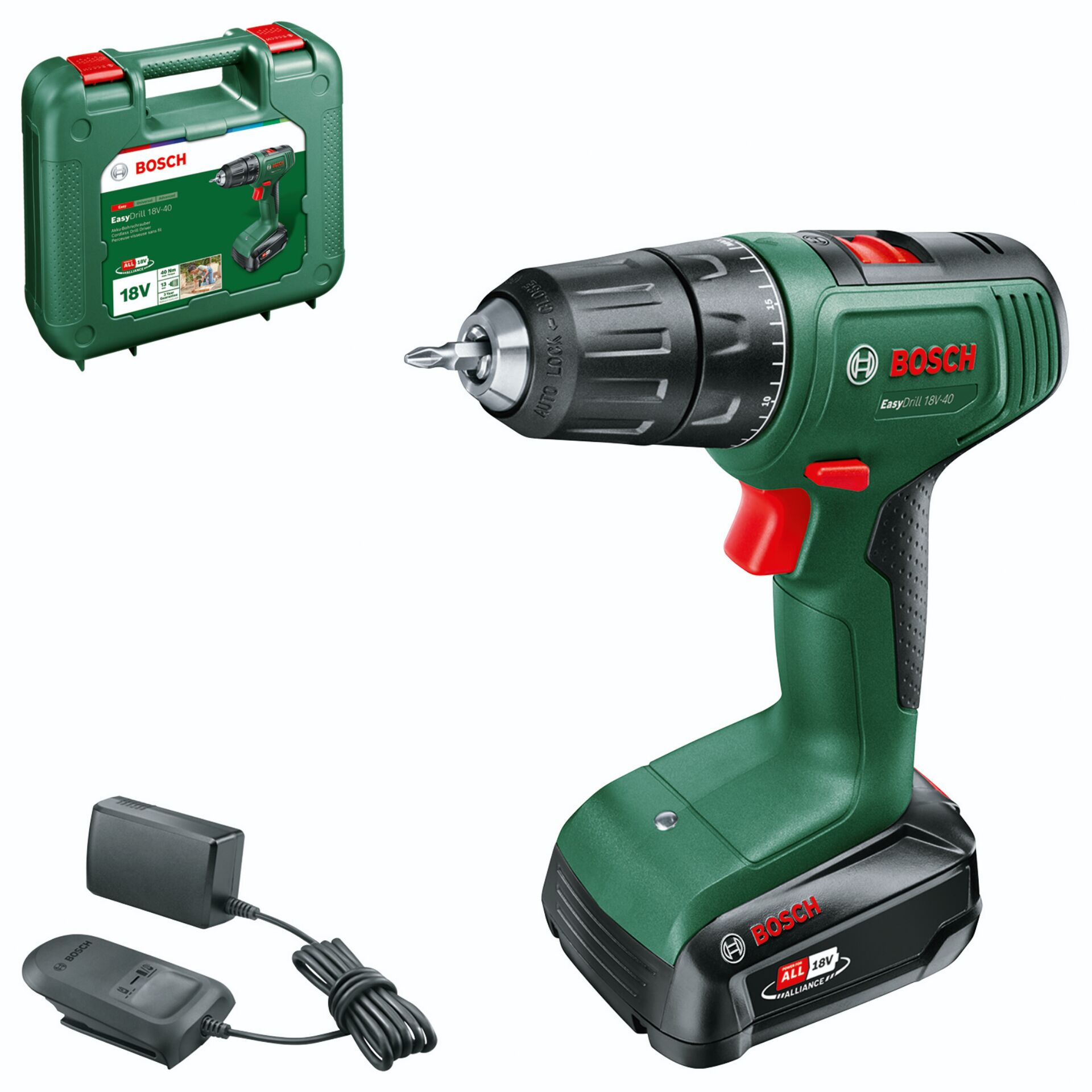 Akku-Bohrmaschine, Schlagbohrschrauber, 18V, Grün, Ladegerät vorhanden