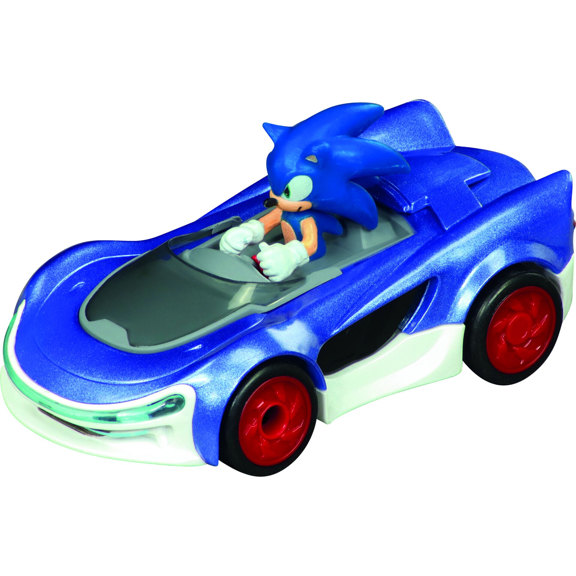 Sonic Auto, blaues Fahrzeug,  Spielzeugauto, Mini-Figur, rote Räder