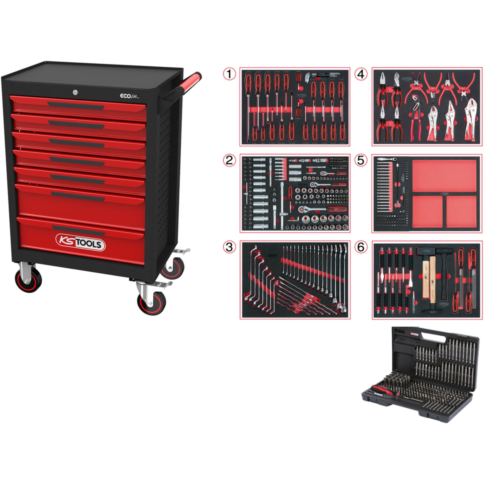 roll-out toolbox, tool chest, red drawers, toolset, wheeled cart