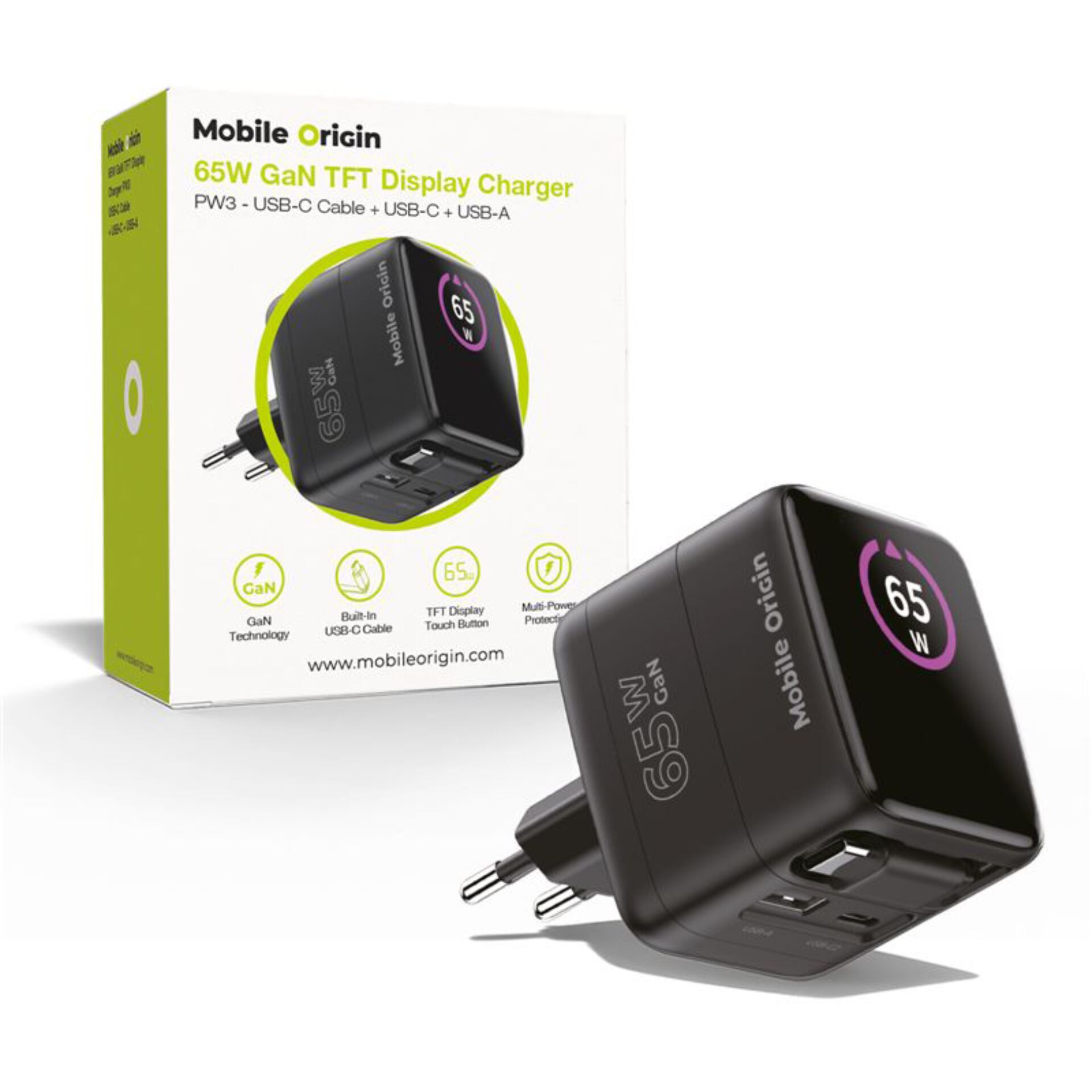 65W Ladegerät, GaN-Ladegerät, USB-C Ports, TFT-Display, Faltbare Stecker