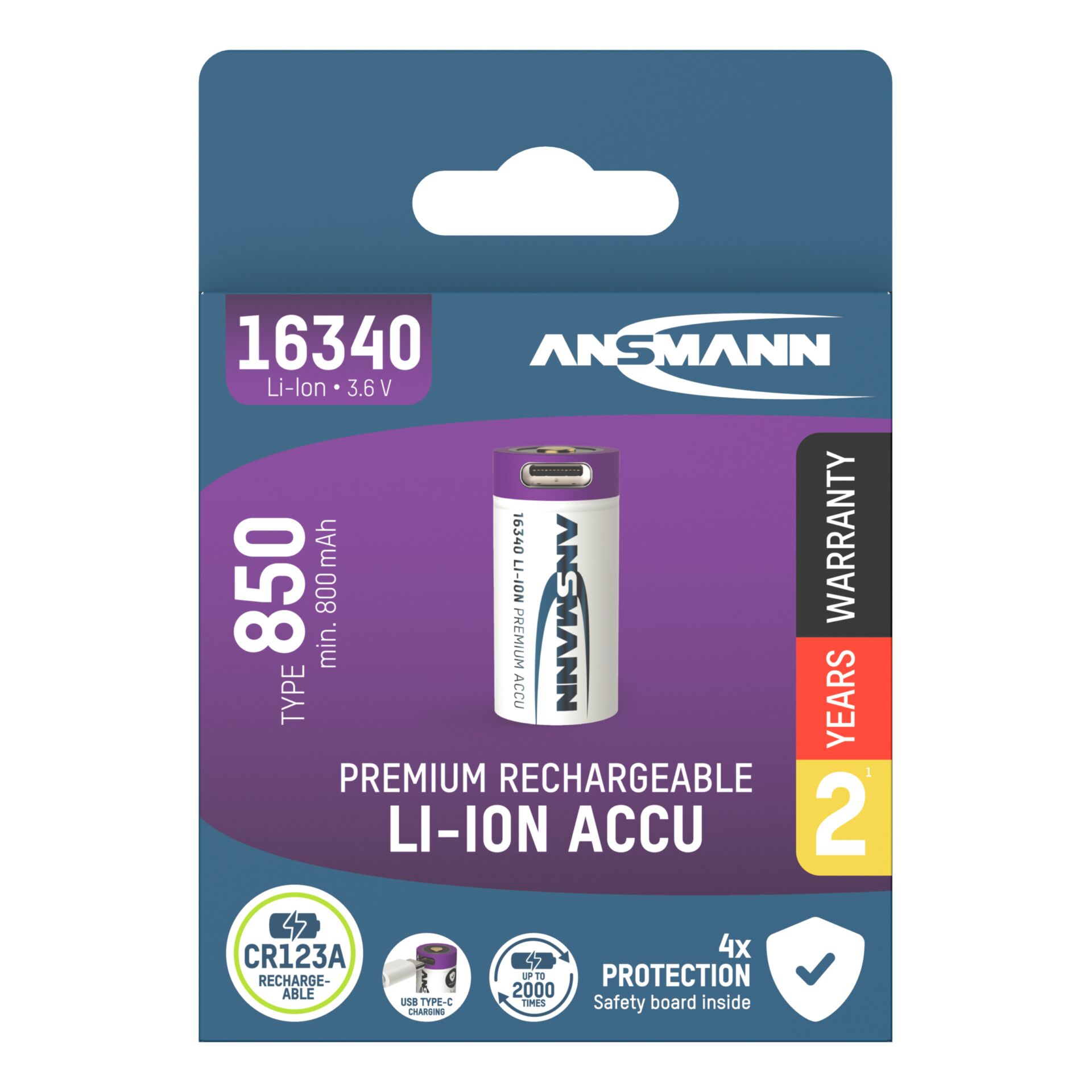 Ansmann 16340 Li-Ion aku 850mAh  3,6V micro USB vstup 1300-0015