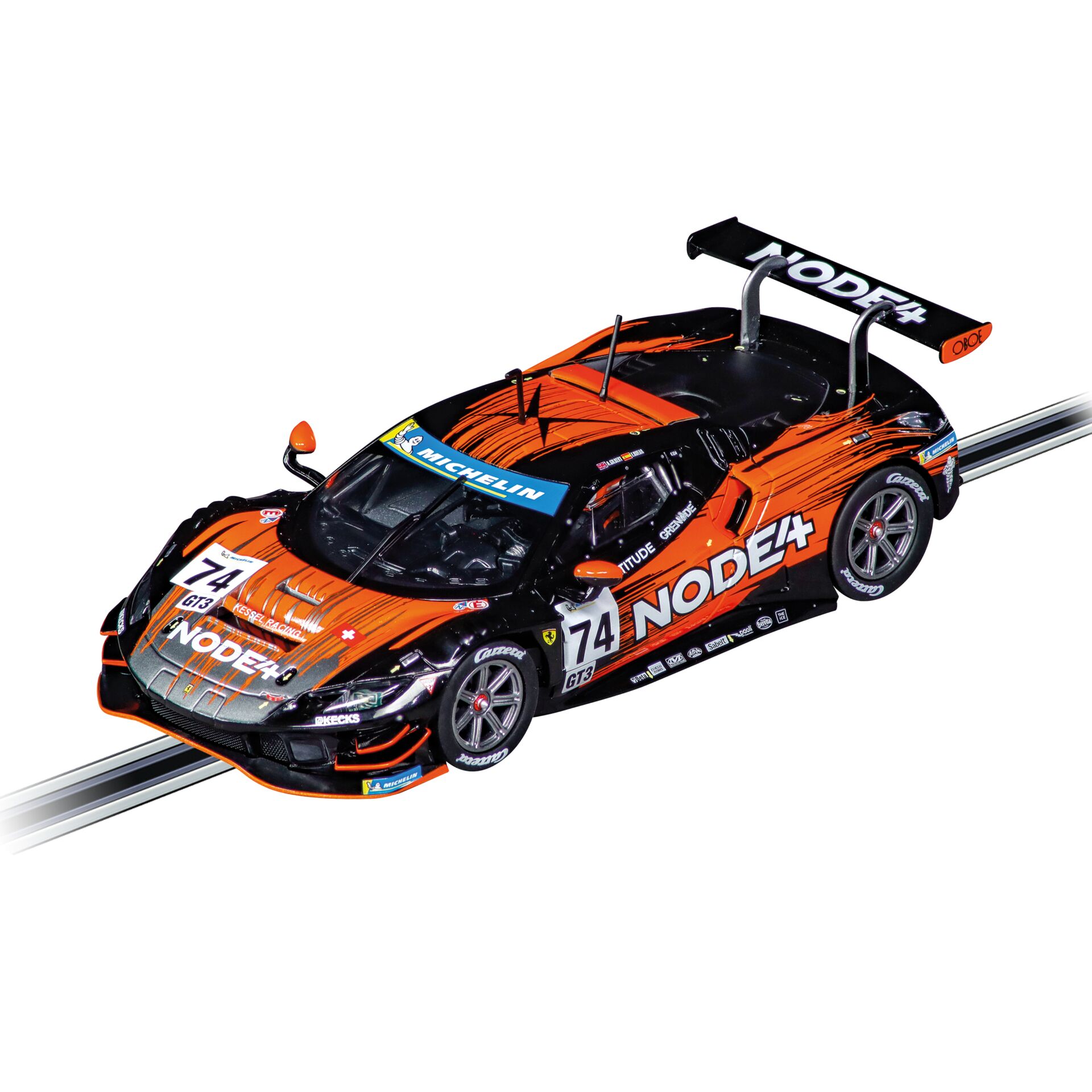 Rennwagen, Gummireifen, Trägerspoiler, Orange-Schwarz, Rennsport-Design