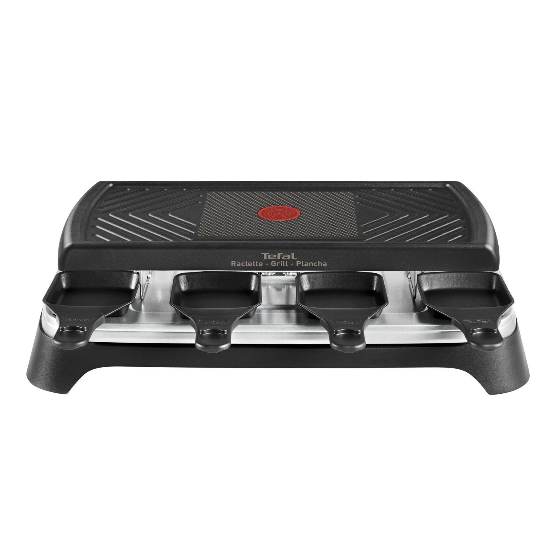 Raclette-Grill, Grillplatte, Antihaftbeschichtung, Vier Pfännchen, Schwarz-Edelstahl