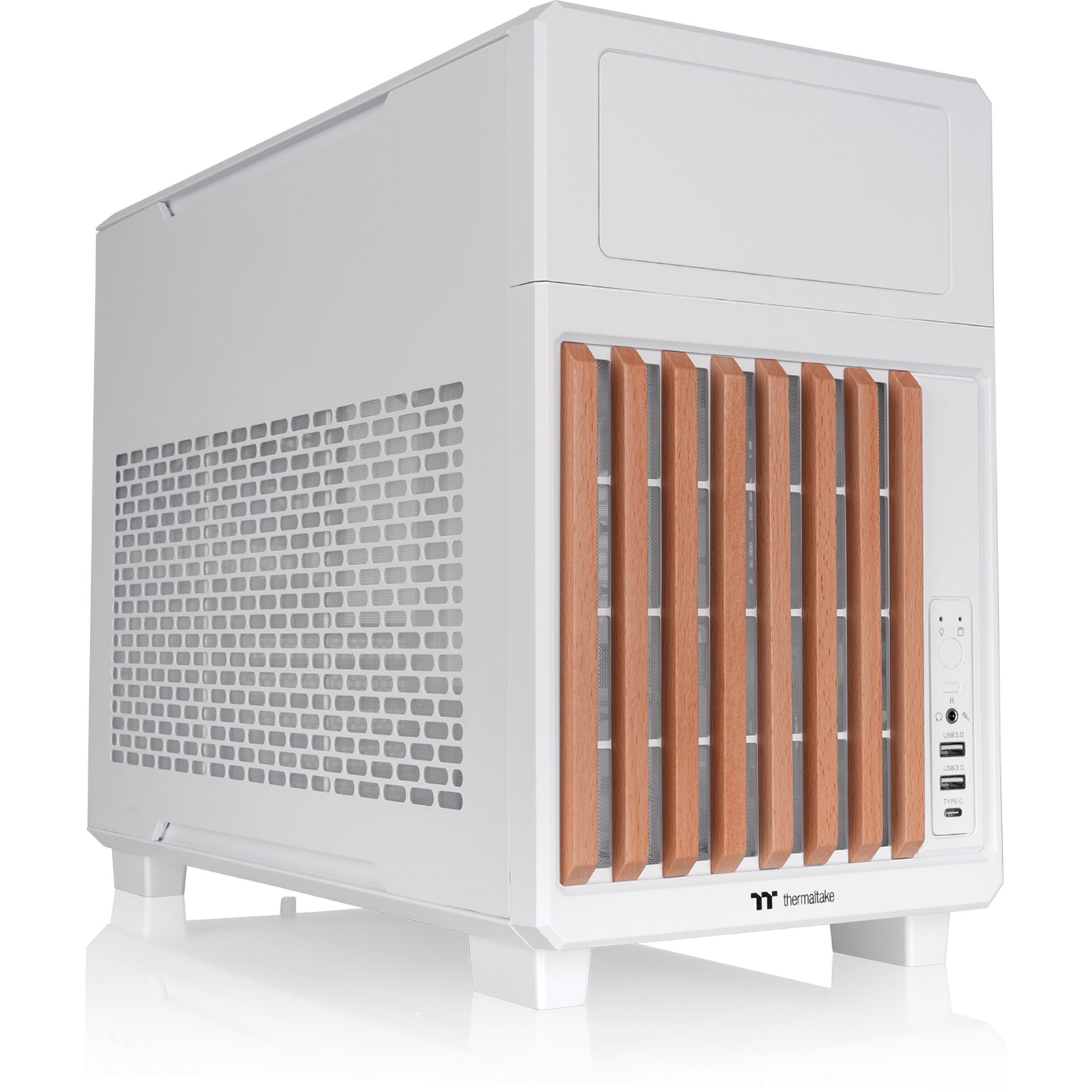 Mini-PC, Weißer Gehäuse, Holzlatten, Belüftungsgitter, USB-Anschlüsse