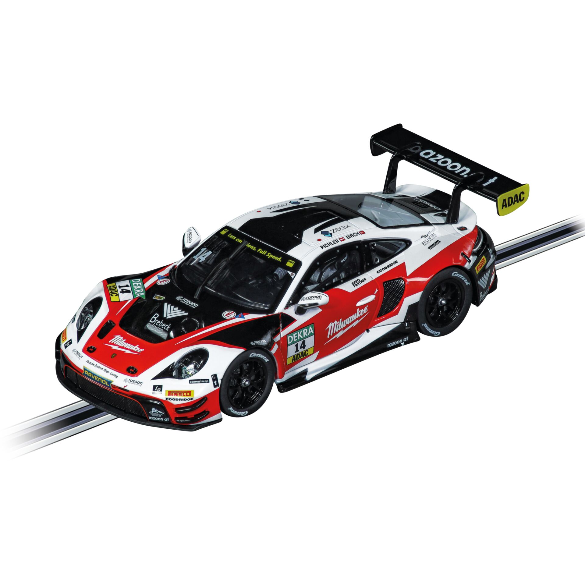 Slotcar, Rennwagen, Porsche 911, Rot-weiß-schwarz, Heckflügel