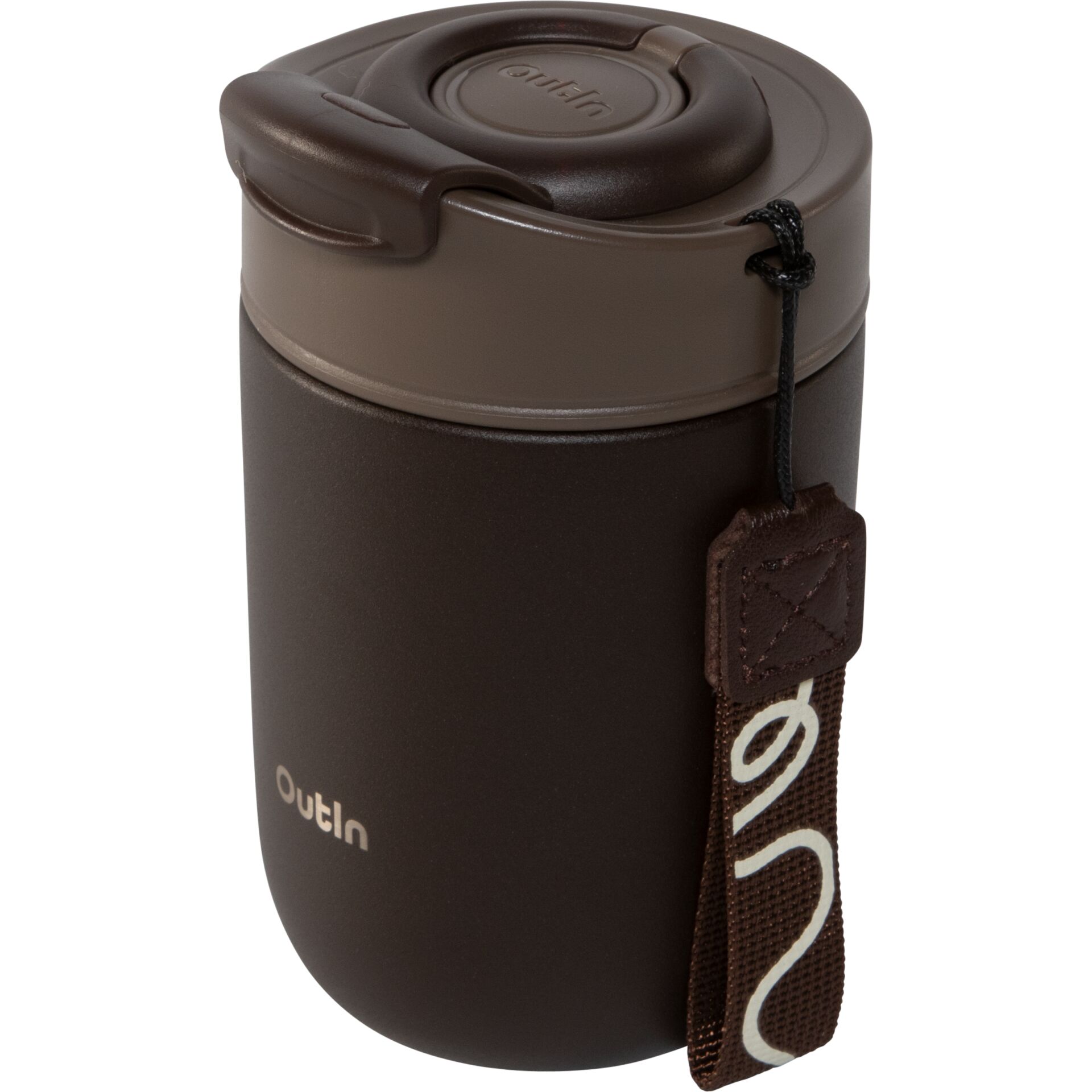 Thermo-Becher, Isolierbecher, Trinkflasche, Braun, Trageband