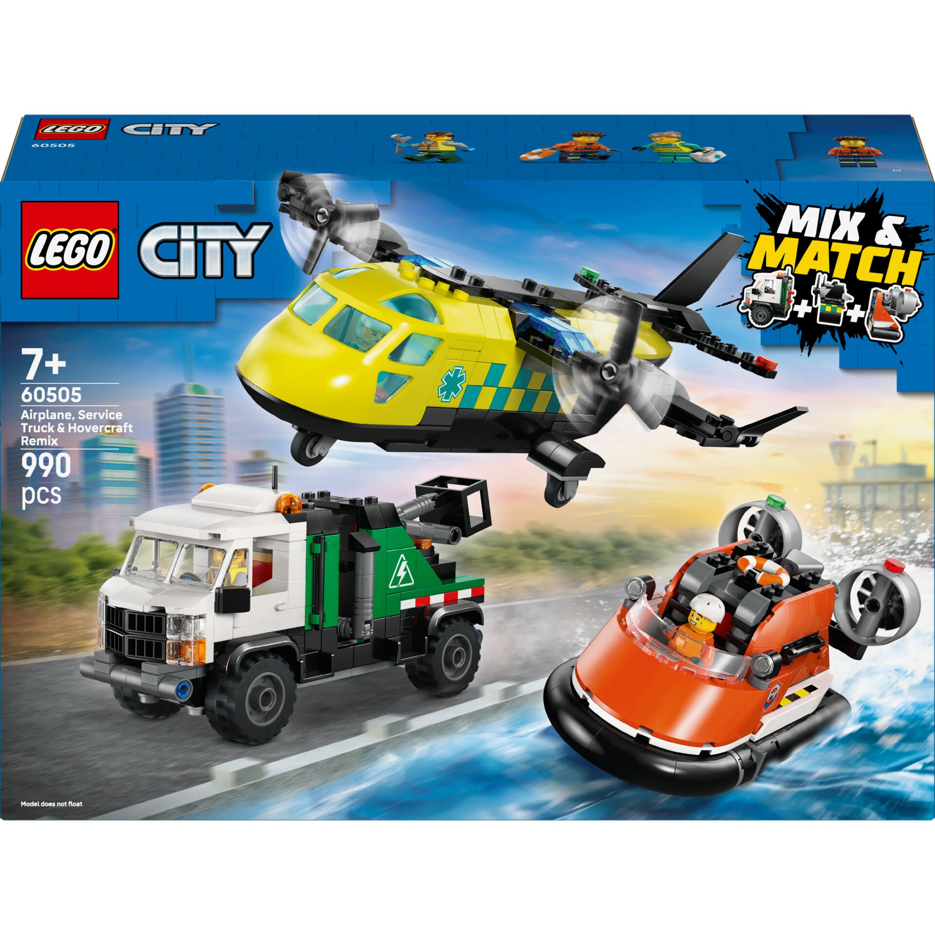Helikopter, Geländefahrzeug, Rettungswagen, Wassermofa, Spielzeugbausteine