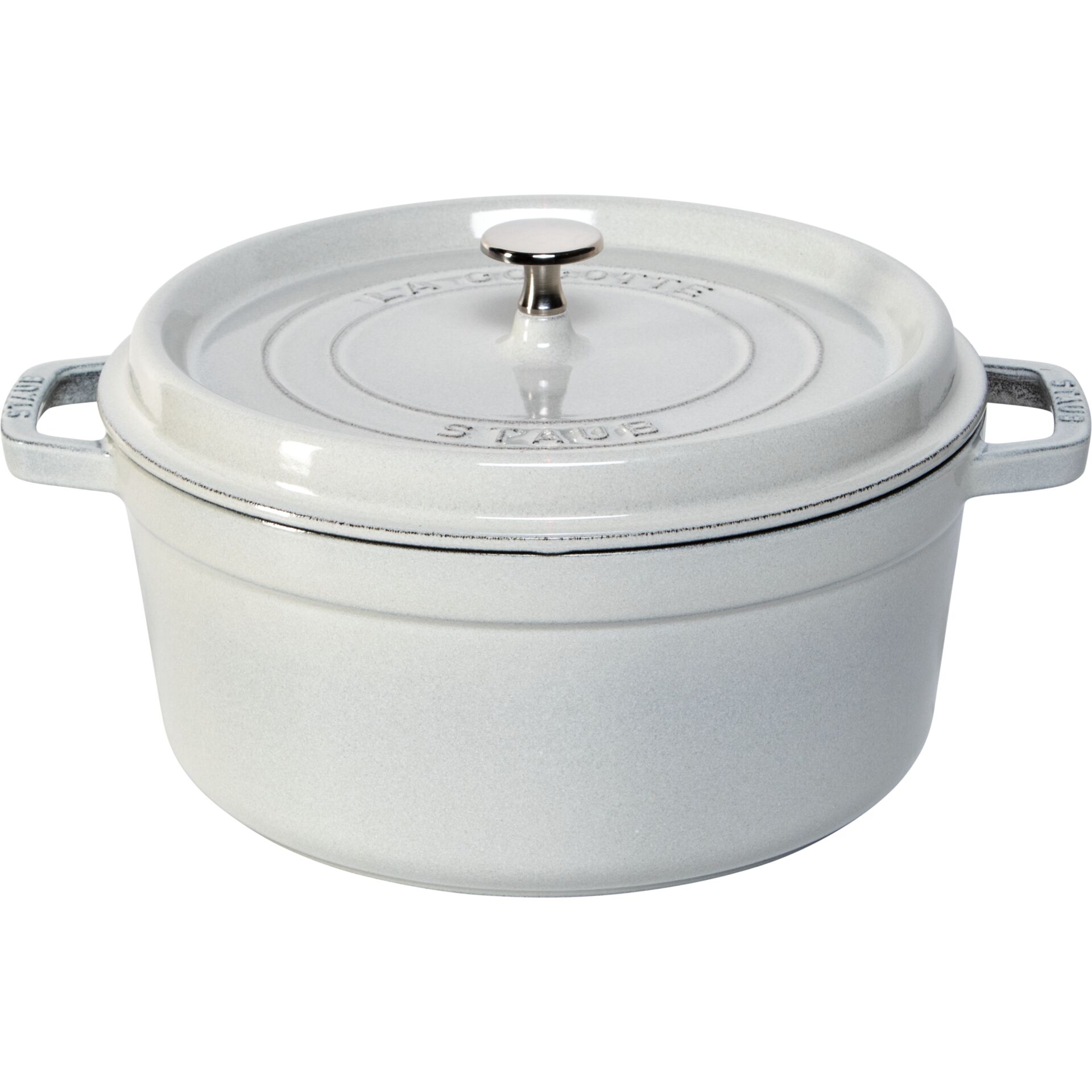Cocotte, Eintopftopf, Gusseisen, weiße Keramik, Deckelknopf