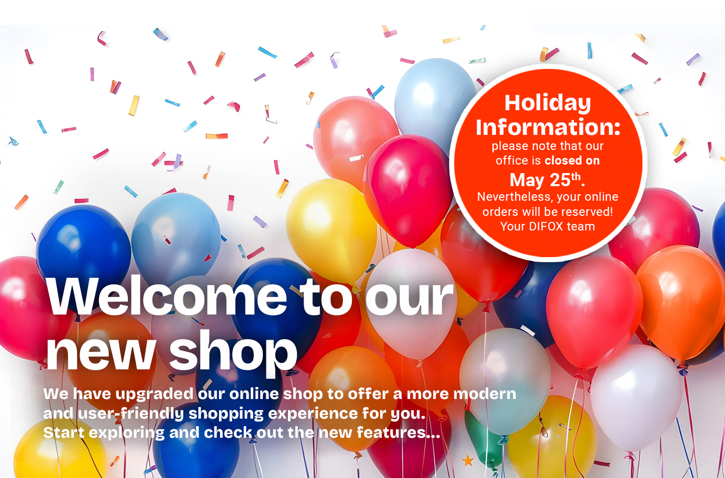 balloons, party, confetti, celebration, red circle notice