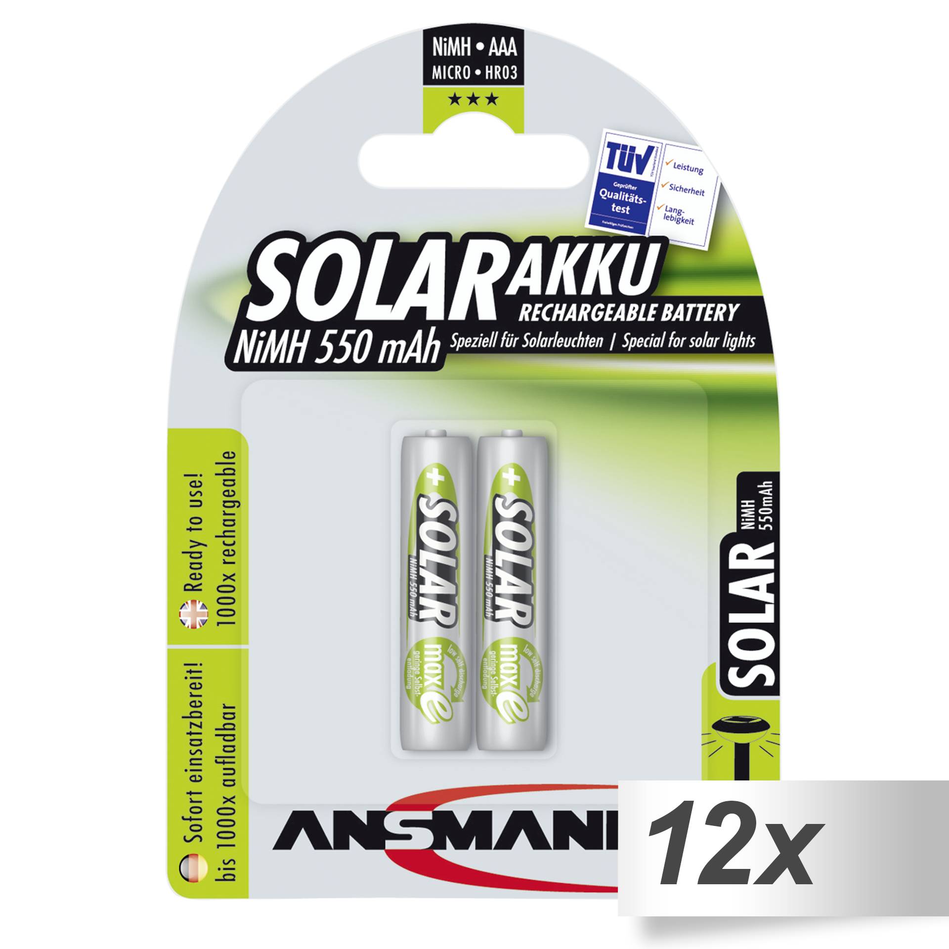 12x2 Ansmann maxE NiMH bat.  Micro AAA 550 mAh SOLAR
