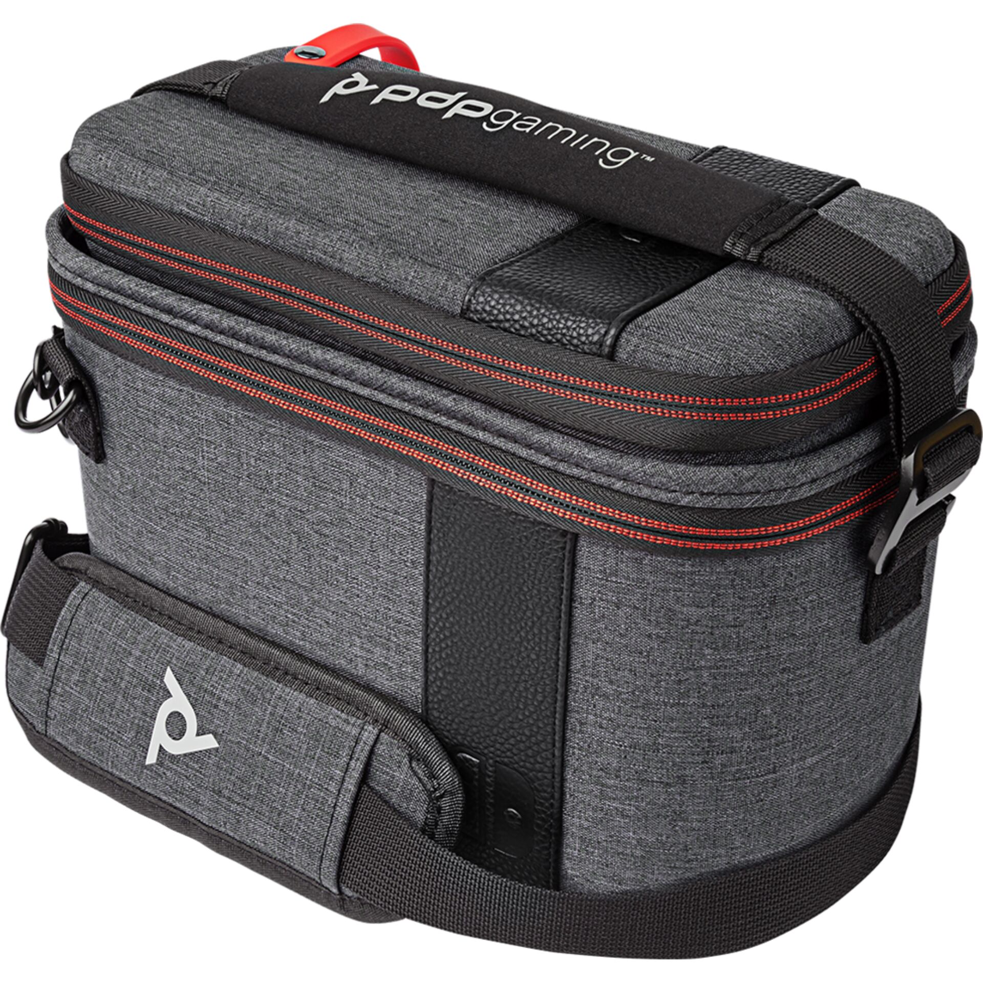 Gamingtasche, Kameratasche, Grau Stoff, Rote Nähte, Schultergurt